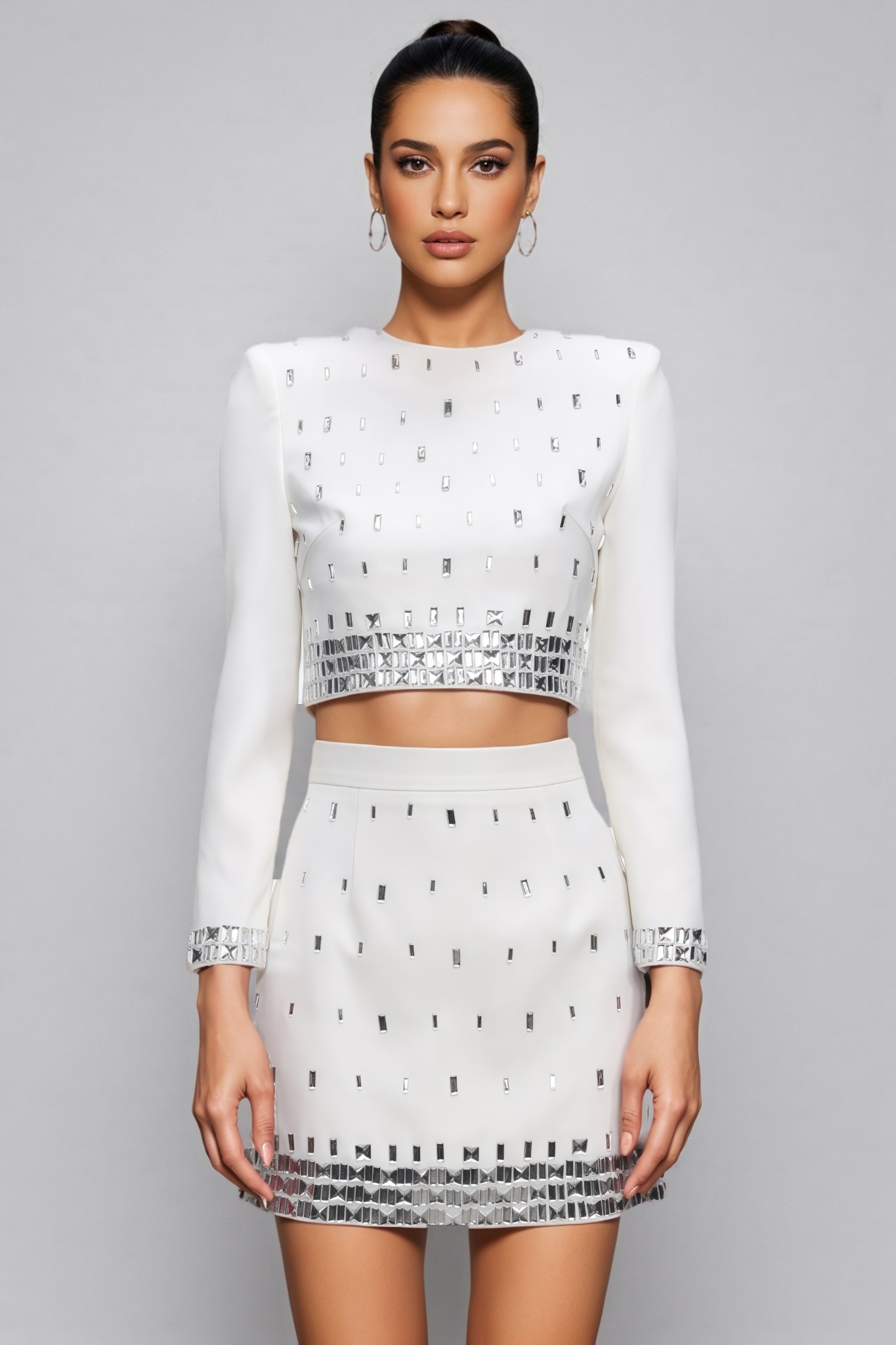 Jirensd White Long Sleeve Rhinestone Mini Dress Set