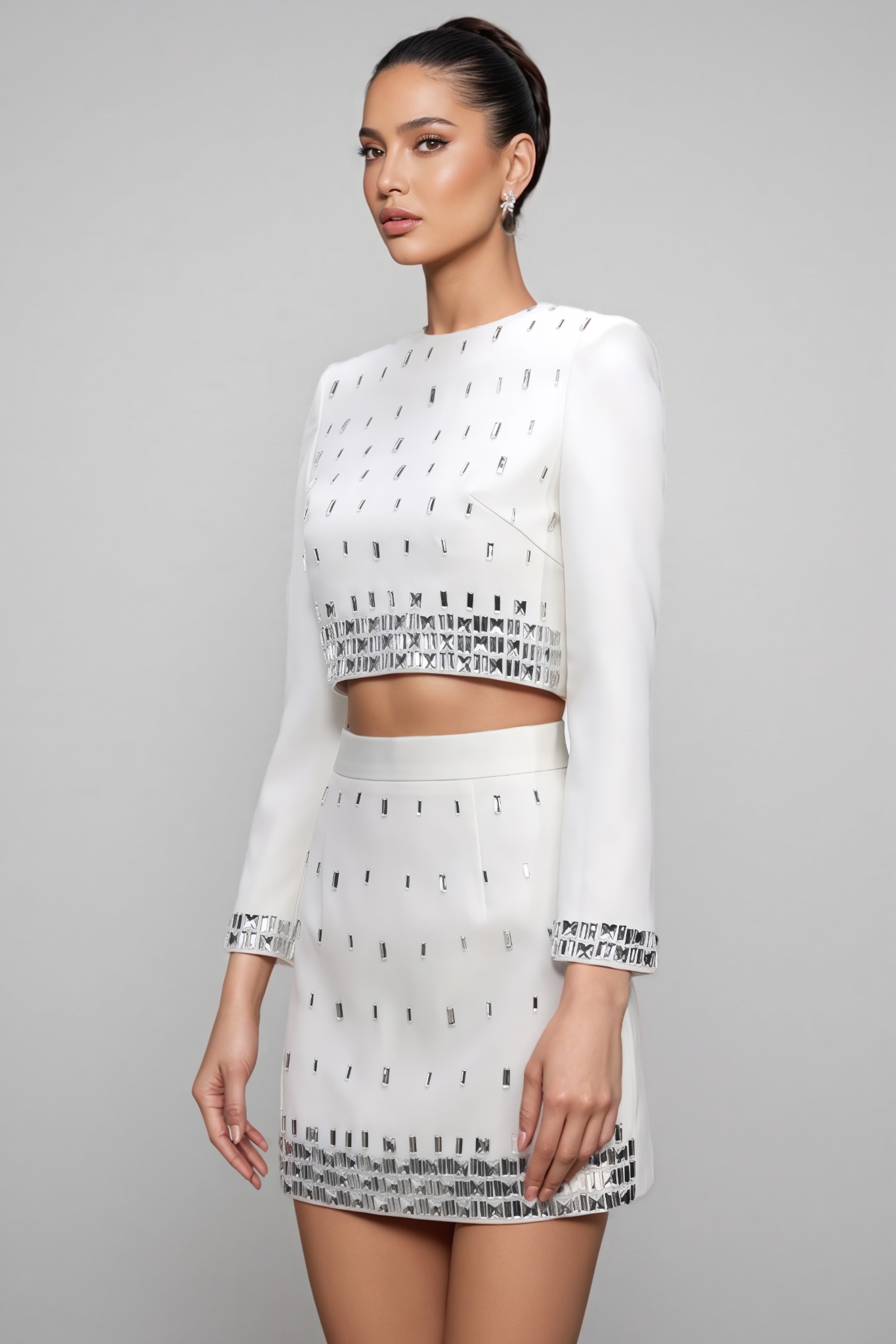 Jirensd White Long Sleeve Rhinestone Mini Dress Set