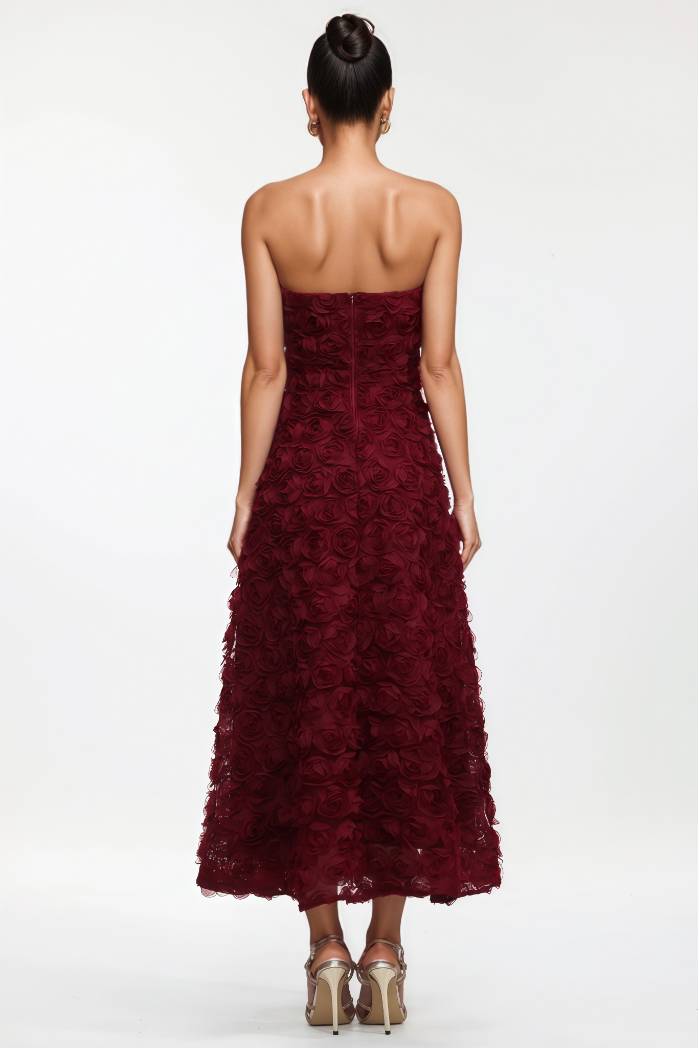 Pylasd Red Strapless 3D Floral Maxi Dress