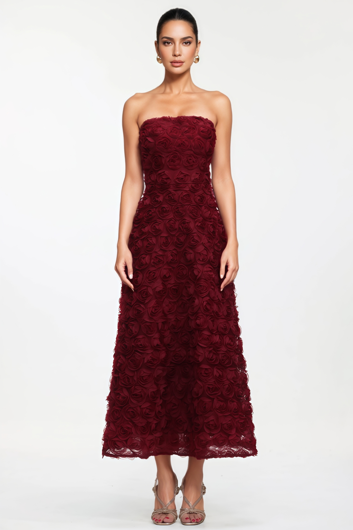 Pylasd Red Strapless 3D Floral Maxi Dress