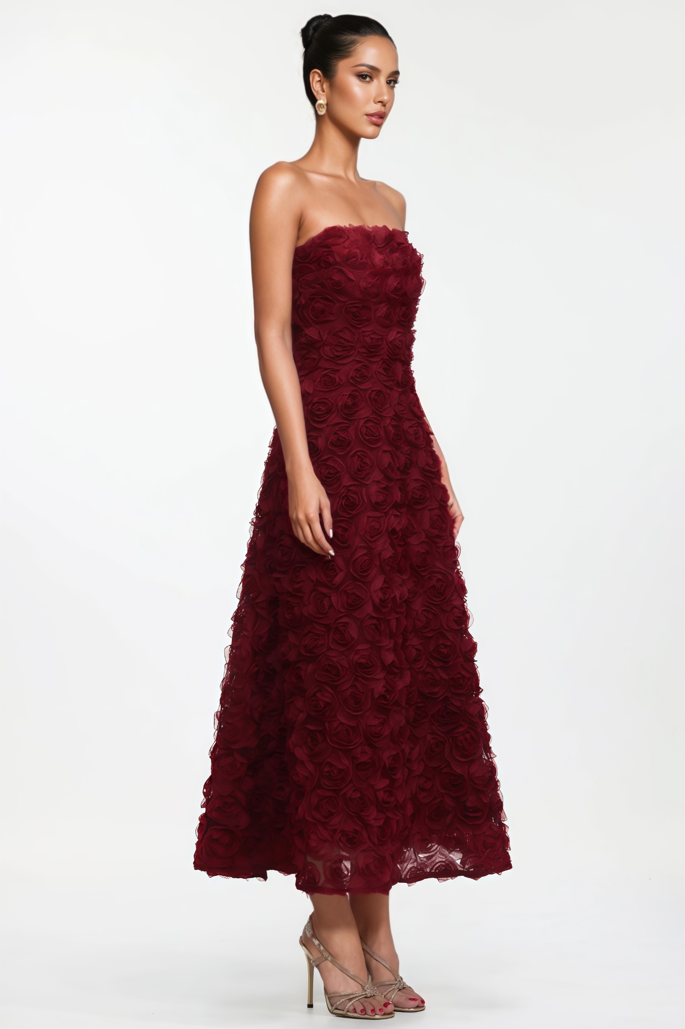 Pylasd Red Strapless 3D Floral Maxi Dress