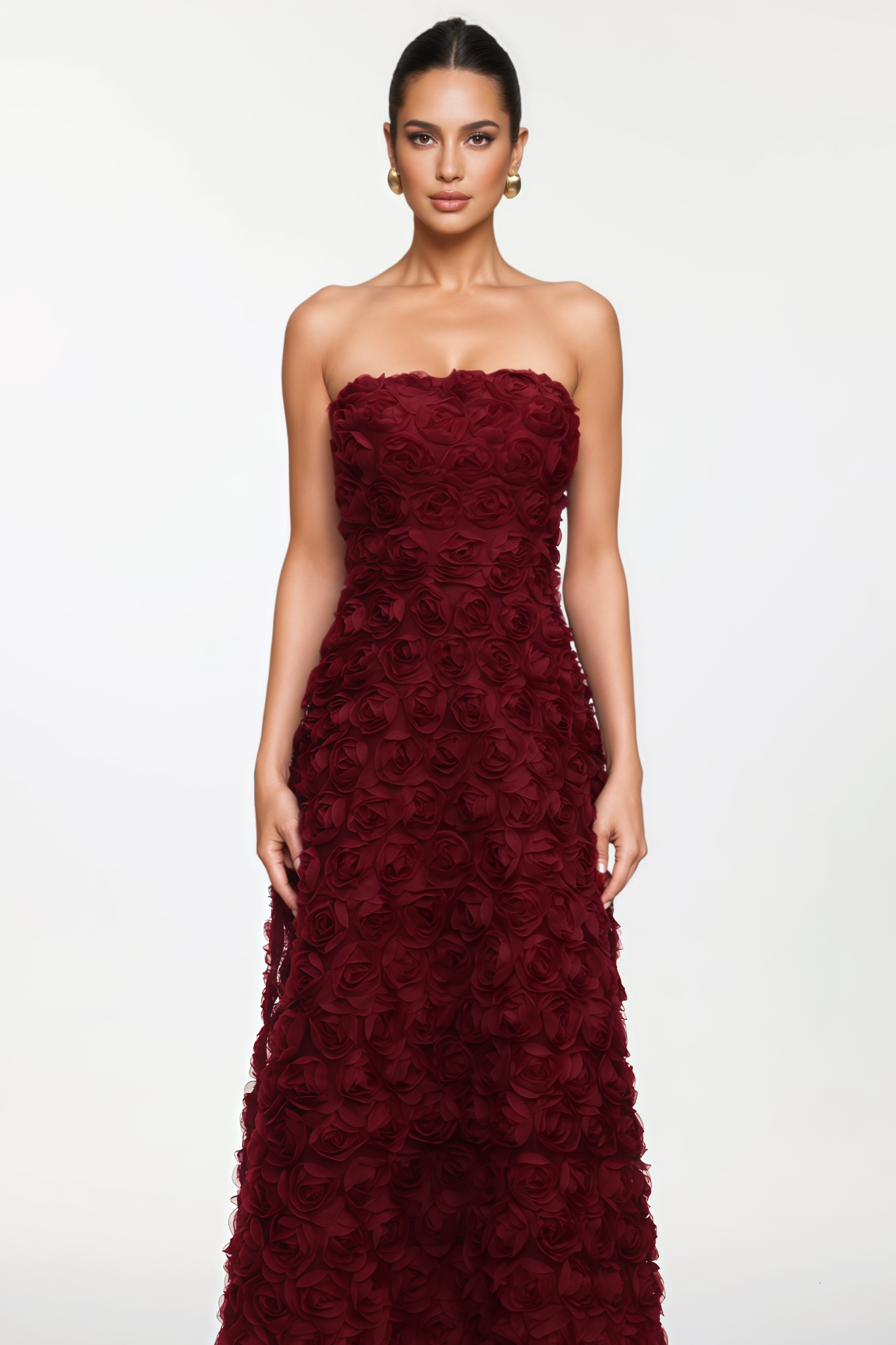 Pylasd Red Strapless 3D Floral Maxi Dress