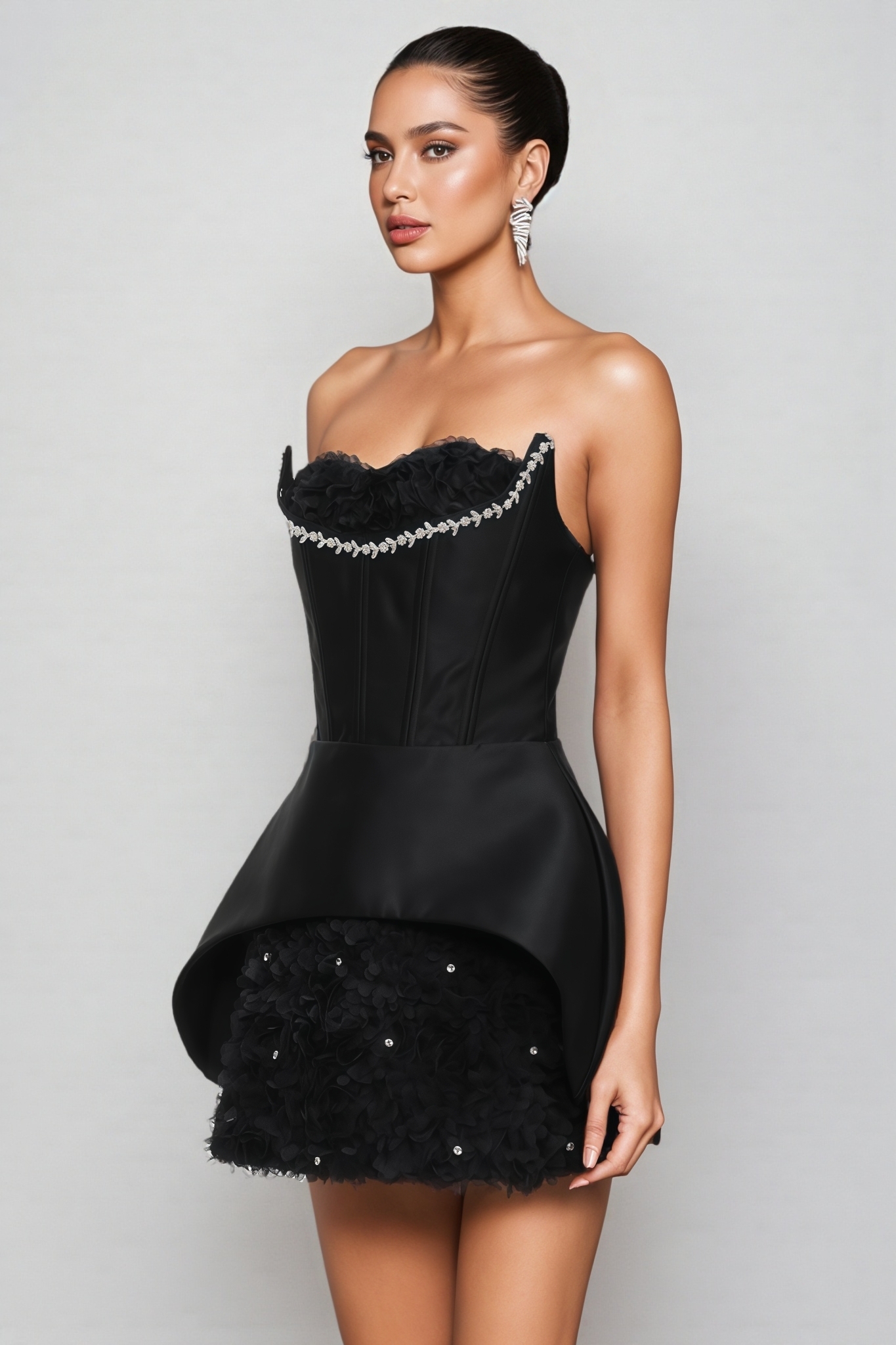 Dielly Black Strapless Rhinestone Floral Mini Dress 