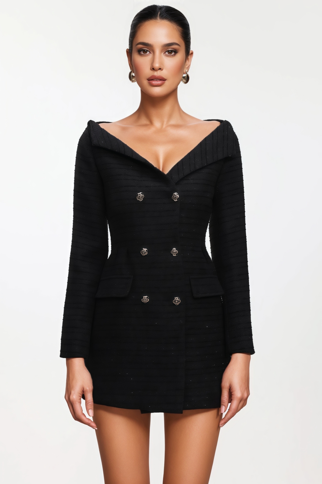 Fenricd Black Long Sleeve Tweed Mini Dress 