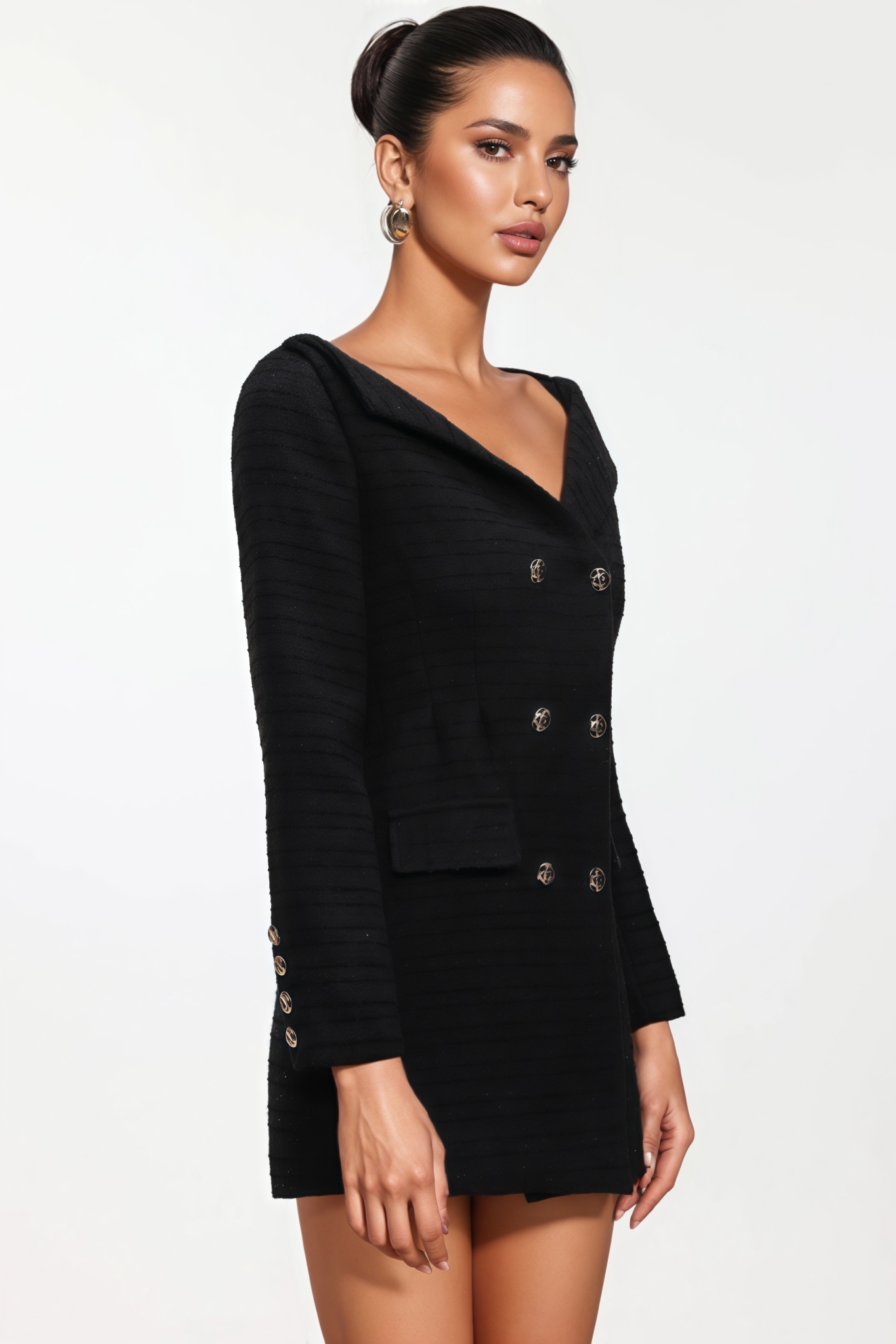 Fenricd Black Long Sleeve Tweed Mini Dress 