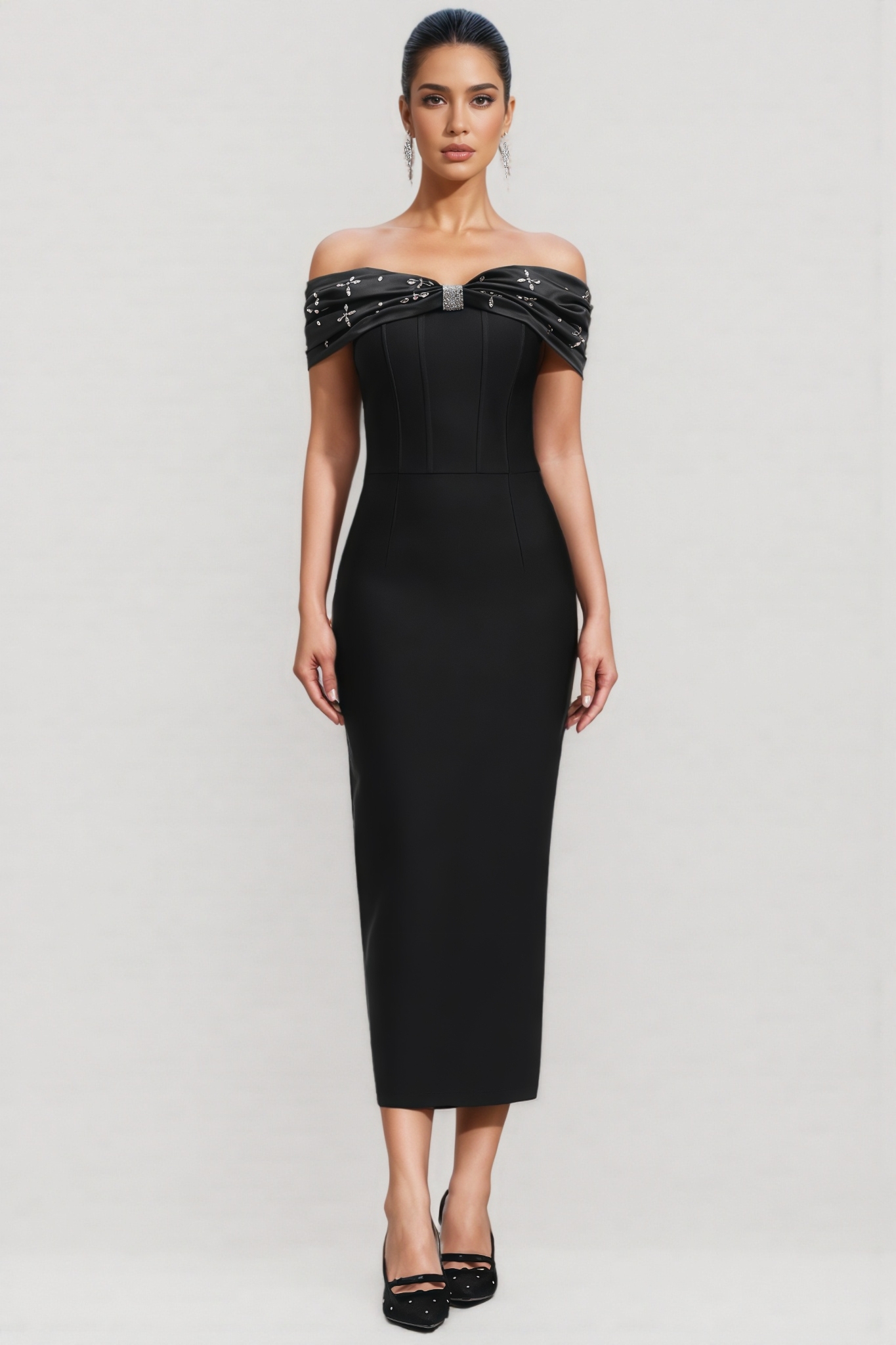 Jorink Off Shoulder Rhinestone Bandage Maxi Dress