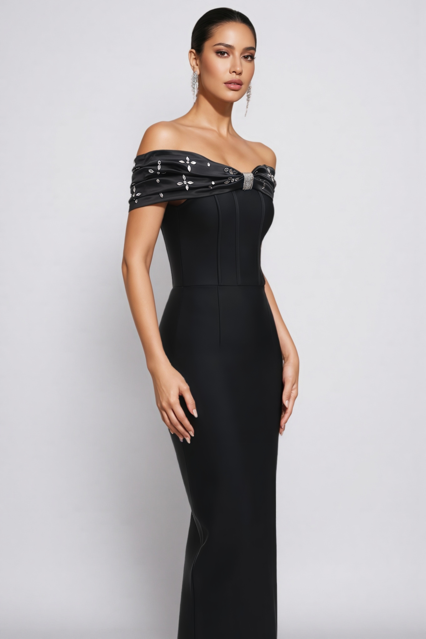 Jorink Off Shoulder Rhinestone Bandage Maxi Dress