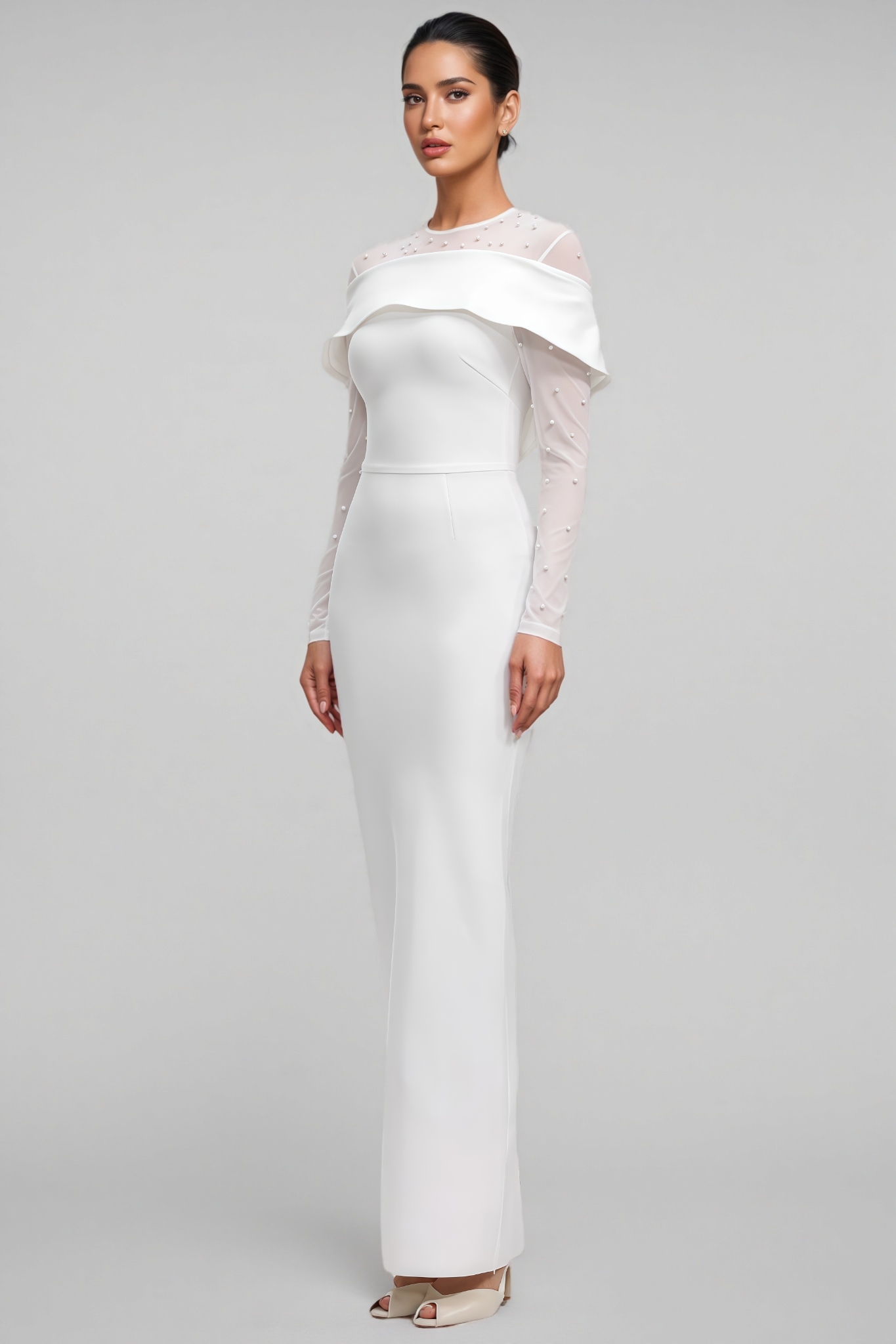 Isrend White Long Sleeve Pearl Bandage Maxi Dress