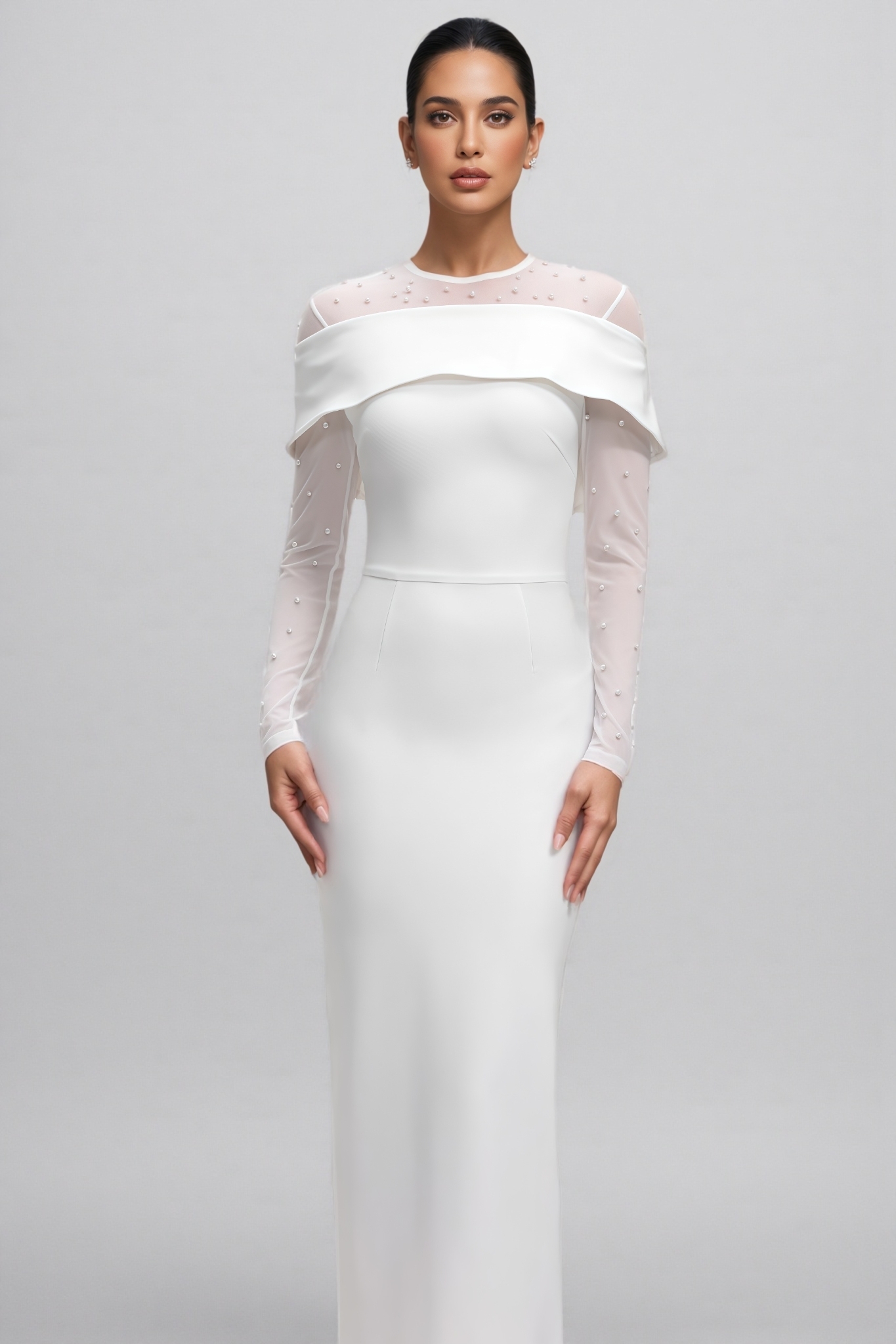 Isrend White Long Sleeve Pearl Bandage Maxi Dress