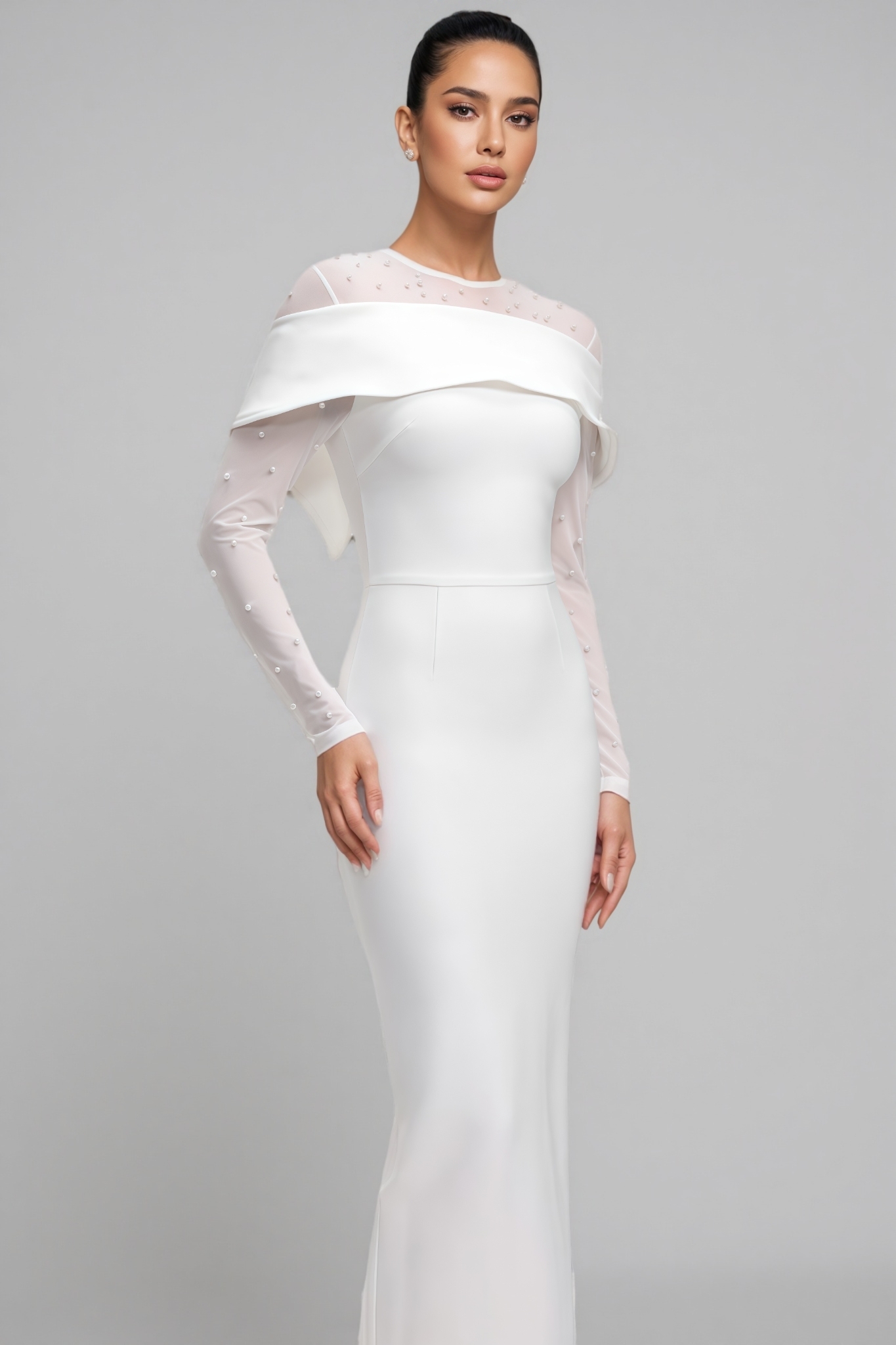 Isrend White Long Sleeve Pearl Bandage Maxi Dress