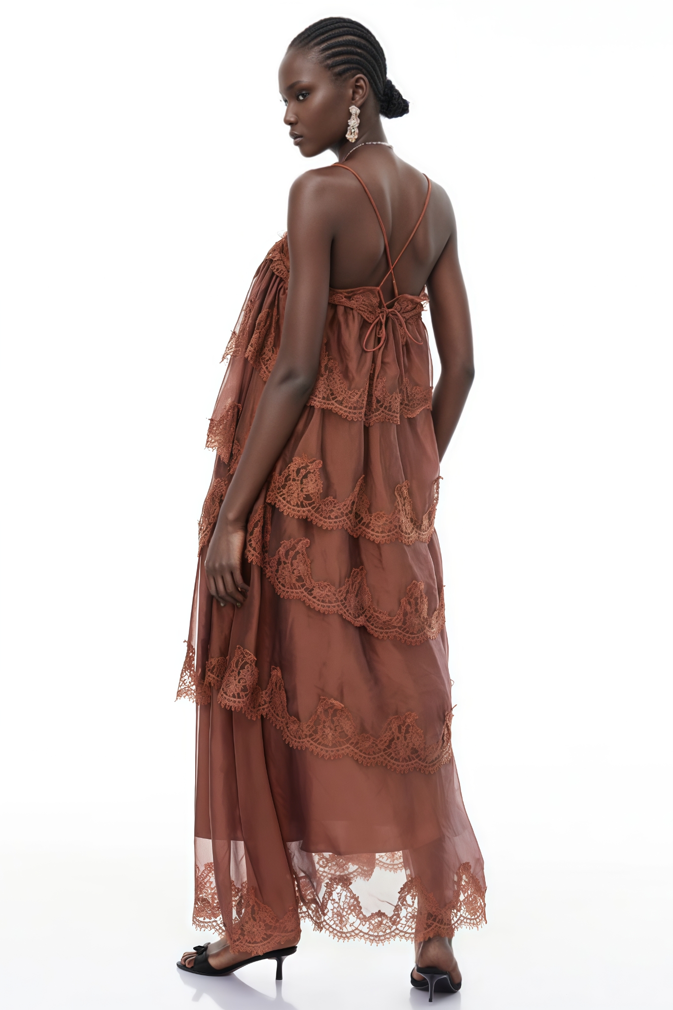 Jorare Brown Ruffled Lace Trim Maxi Dress
