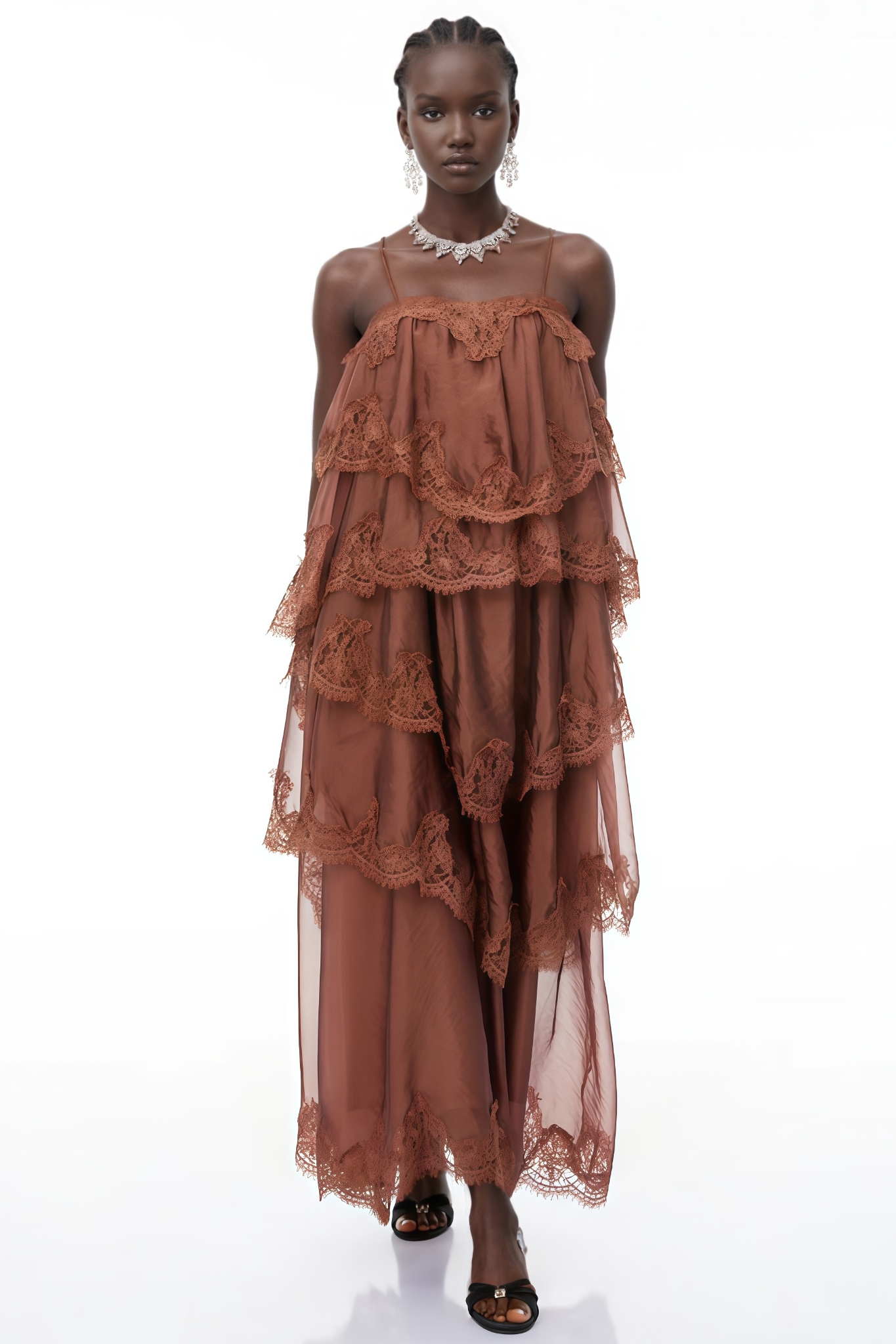 Jorare Brown Ruffled Lace Trim Maxi Dress
