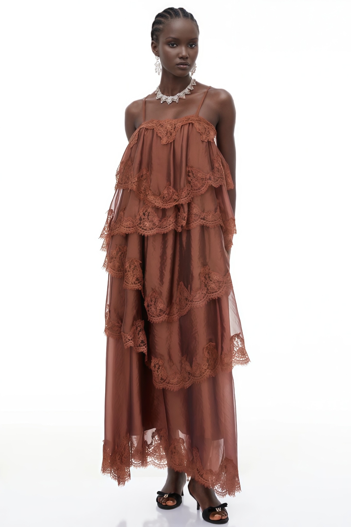 Jorare Brown Ruffled Lace Trim Maxi Dress