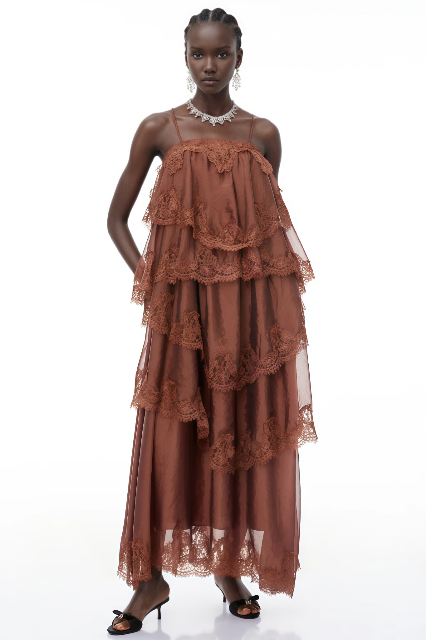 Jorare Brown Ruffled Lace Trim Maxi Dress
