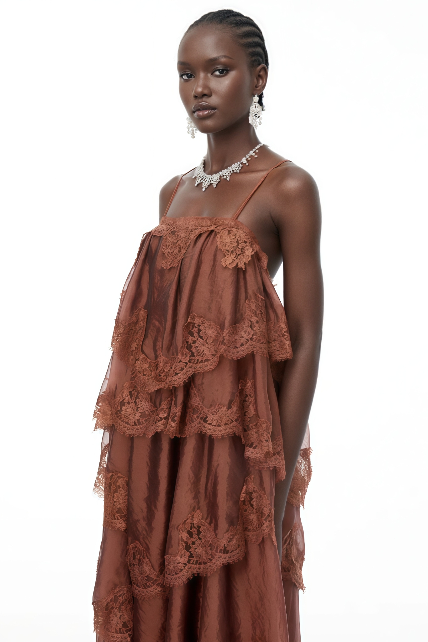 Jorare Brown Ruffled Lace Trim Maxi Dress