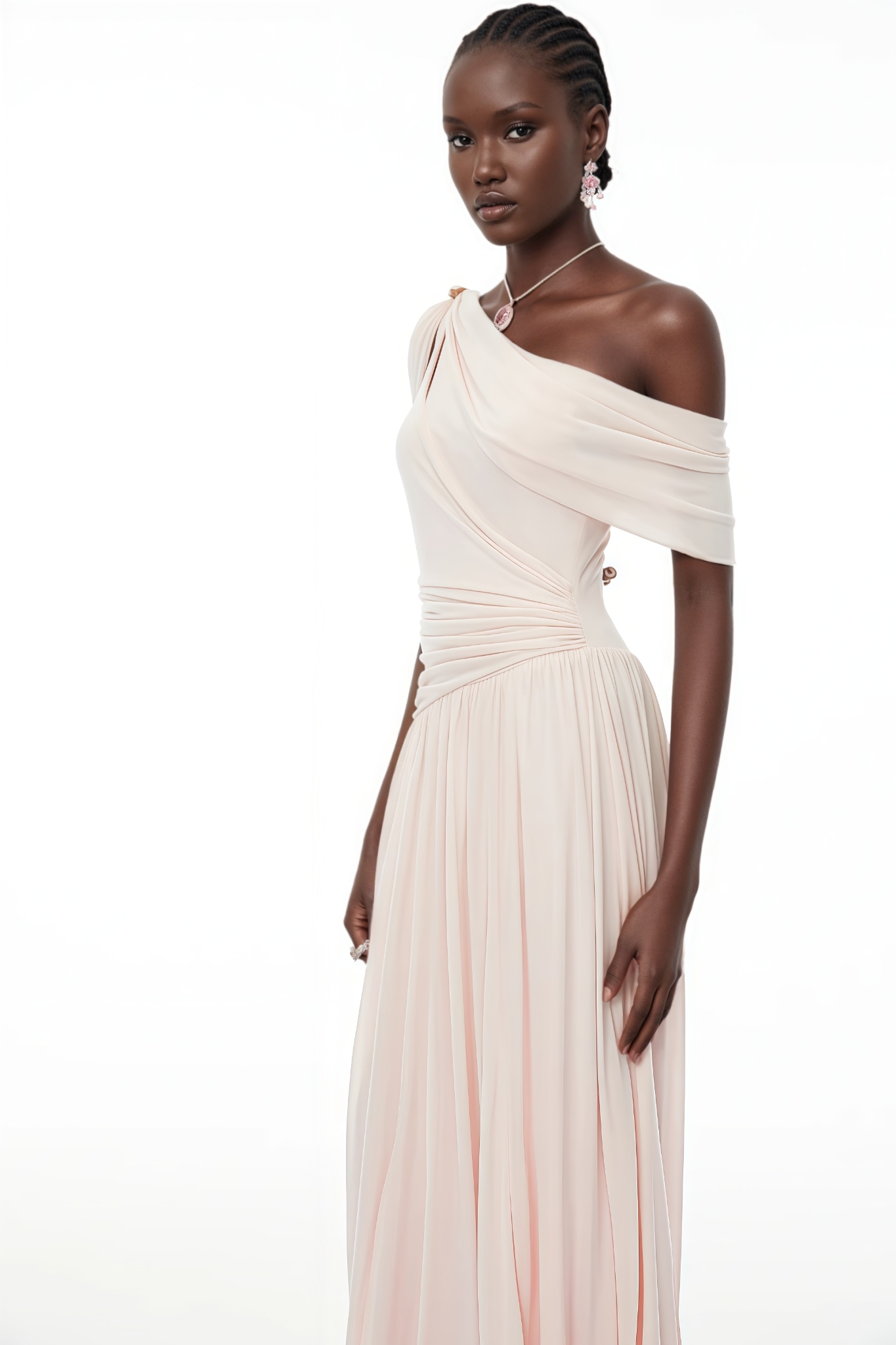 Brased Pink Asymmetrical Gathered Maxi Dress