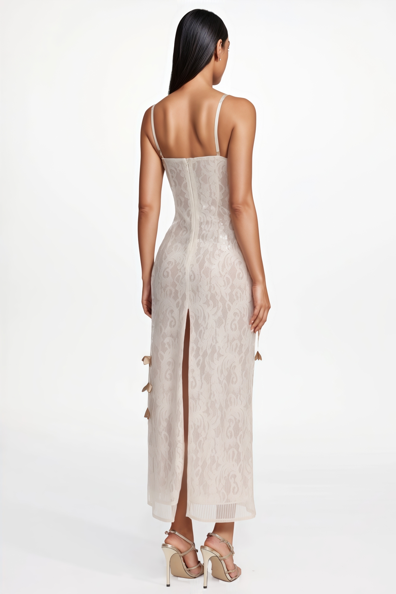 Uvent Embellished Sleeveless Petal Sequin Lace Maxi Dress