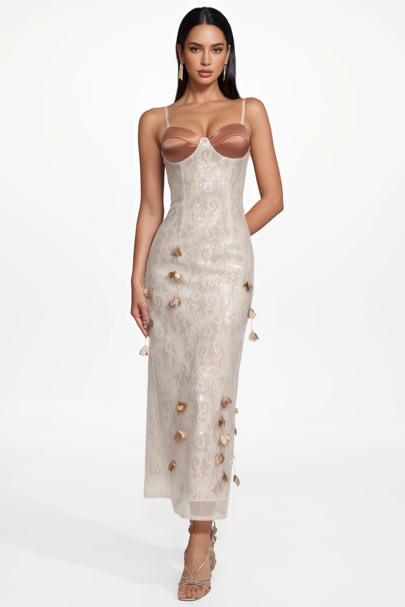 Uvent Embellished Sleeveless Petal Sequin Lace Maxi Dress