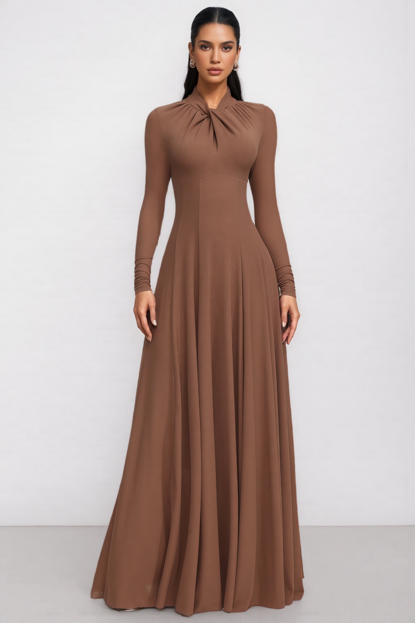 Dracet Brown Long Sleeve Twist Knit Maxi Dress