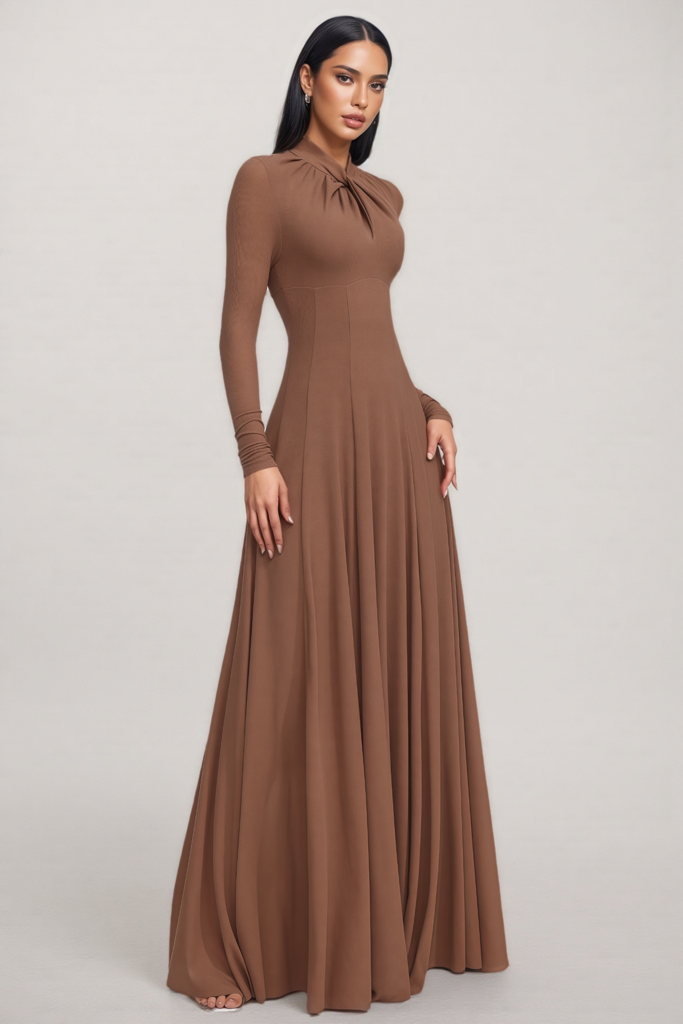 Dracet Brown Long Sleeve Twist Knit Maxi Dress