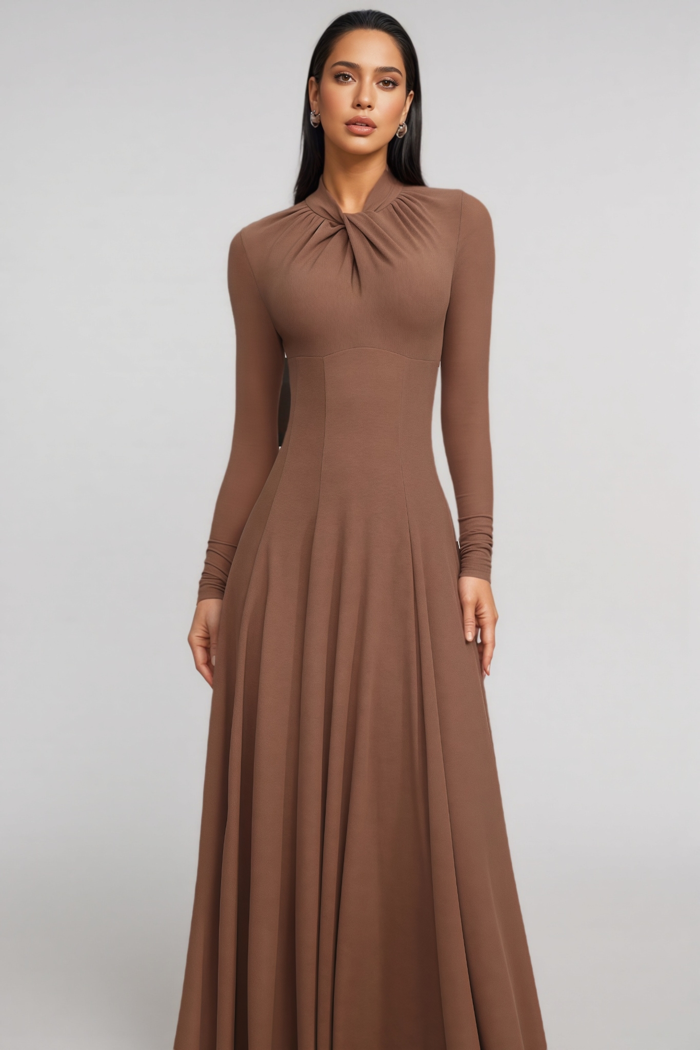 Dracet Brown Long Sleeve Twist Knit Maxi Dress
