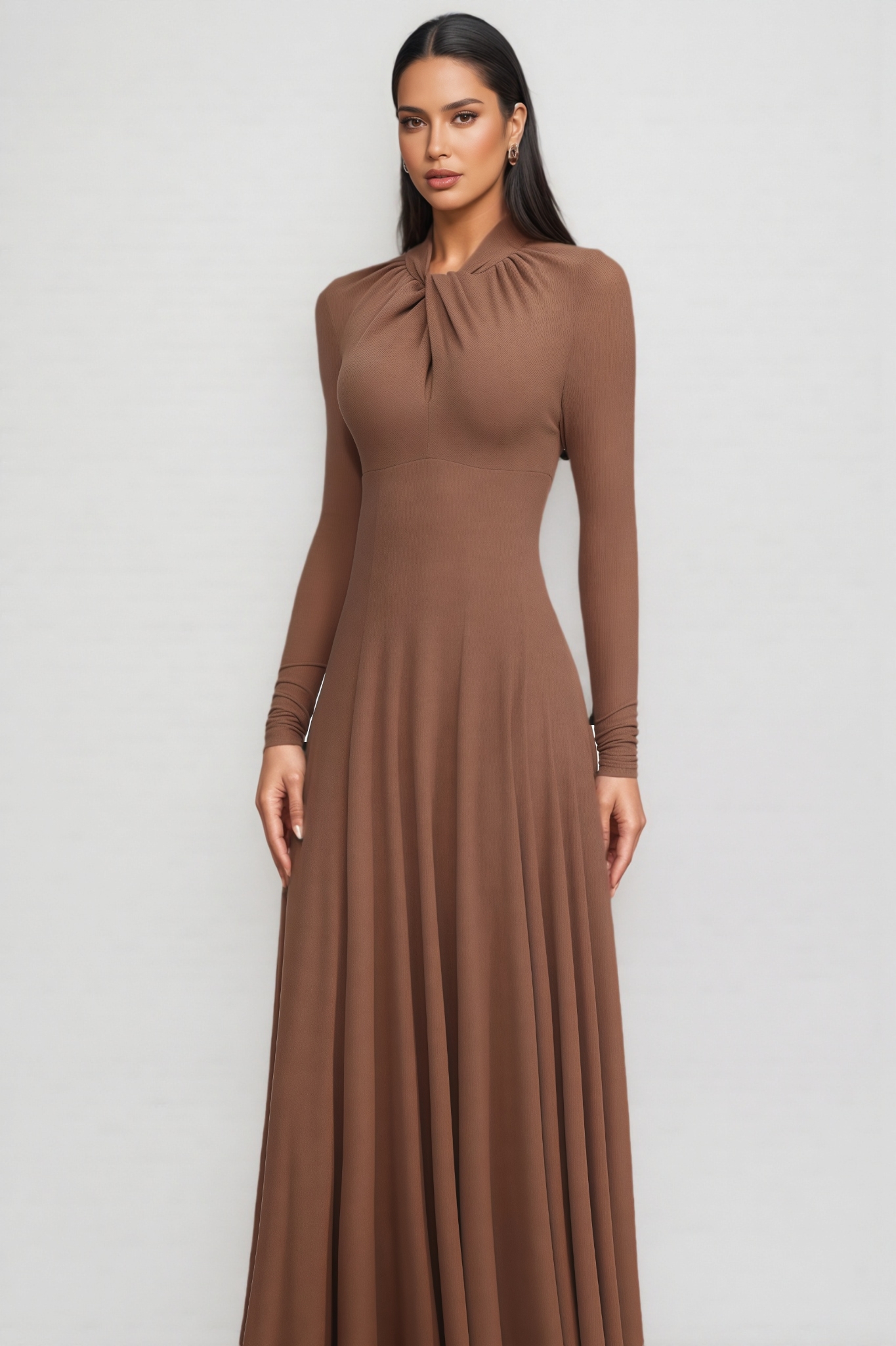 Dracet Brown Long Sleeve Twist Knit Maxi Dress