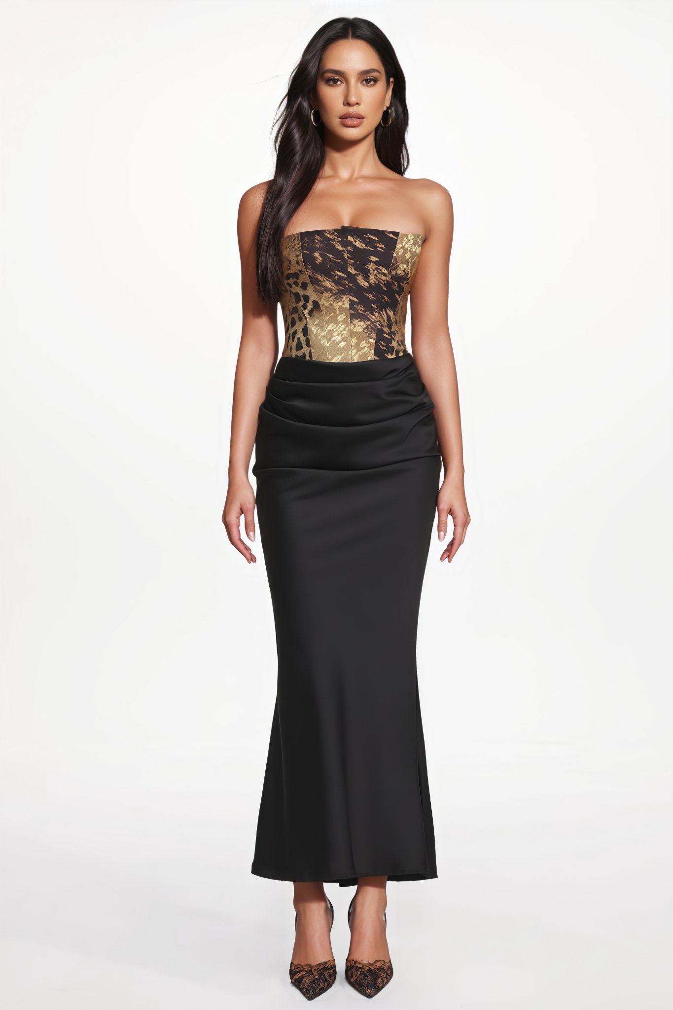 Yorisd Strapless Pleated Print Satin Maxi Dress