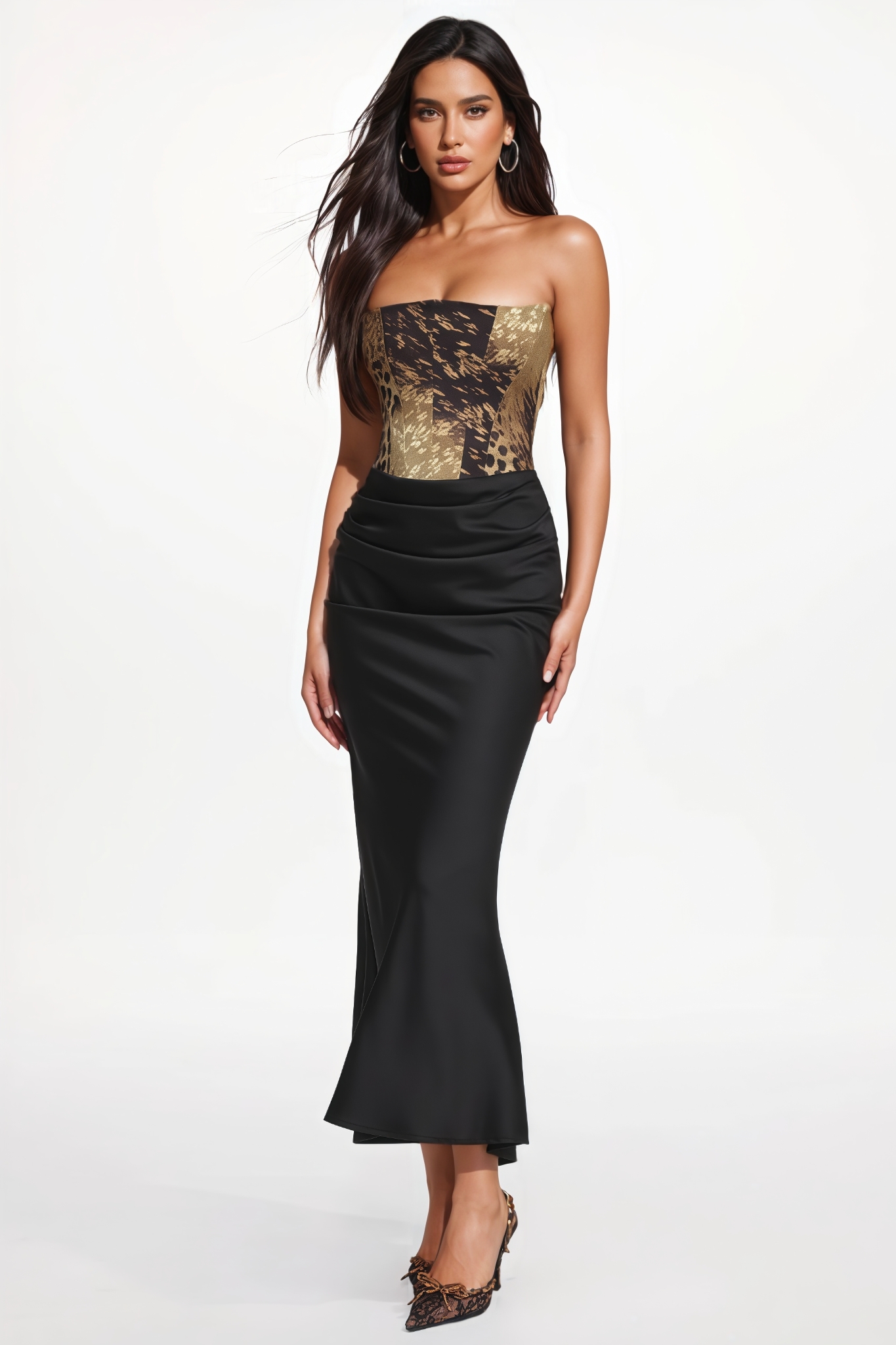 Yorisd Strapless Pleated Print Satin Maxi Dress