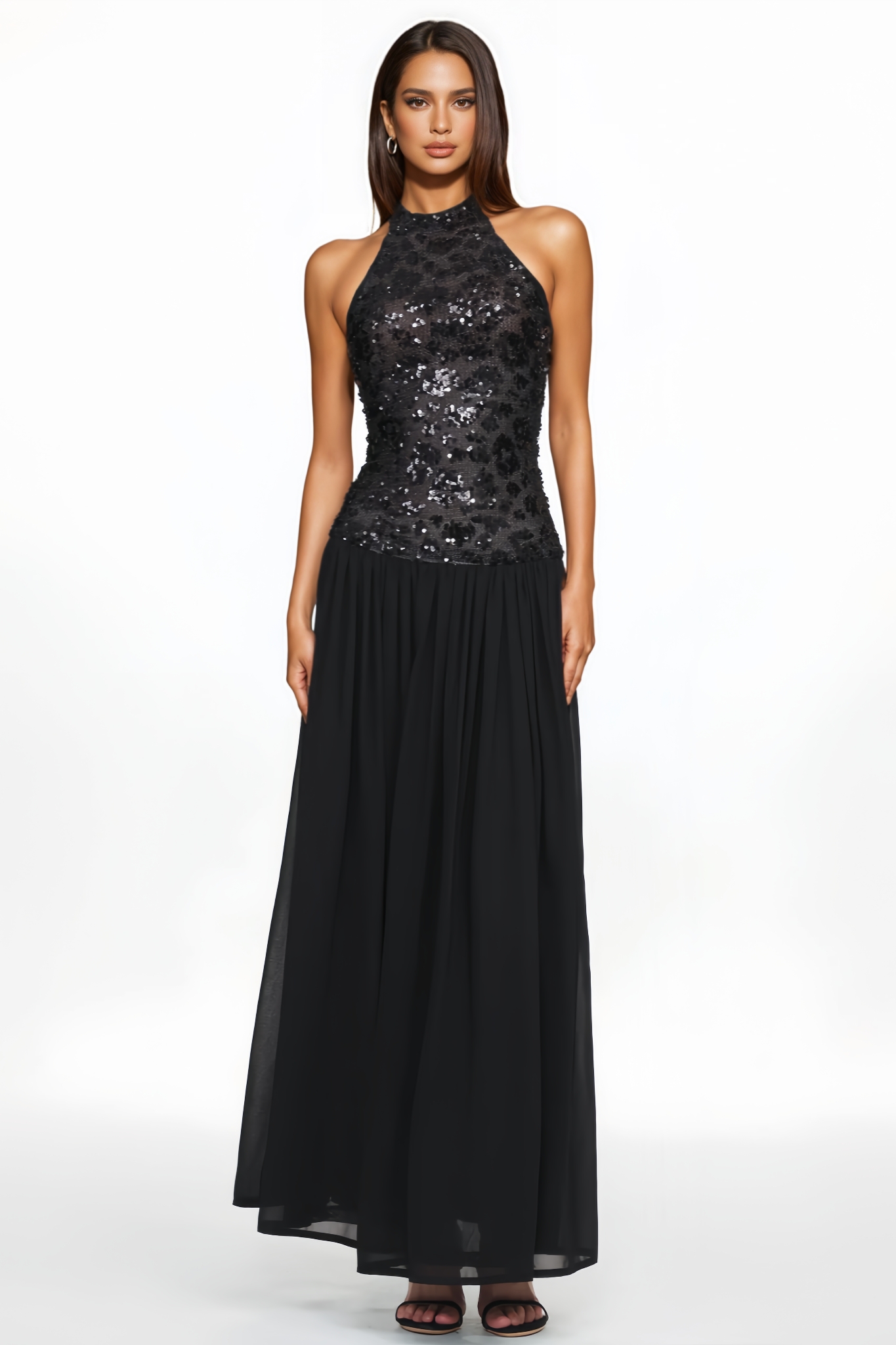 Larylt Halter Ruched Mesh Sequin Maxi Dress