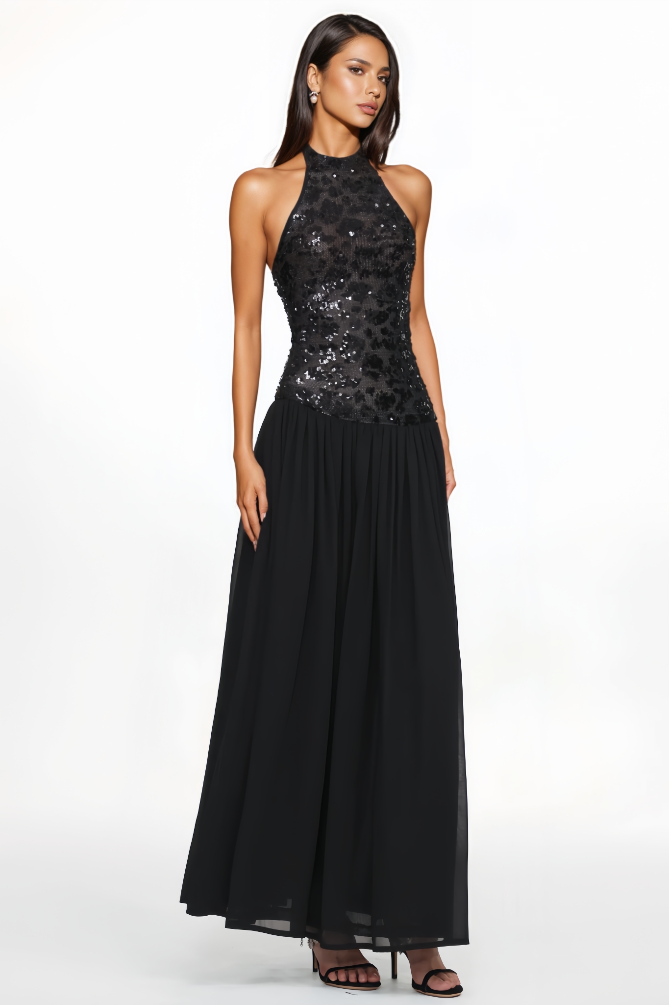 Larylt Halter Ruched Mesh Sequin Maxi Dress