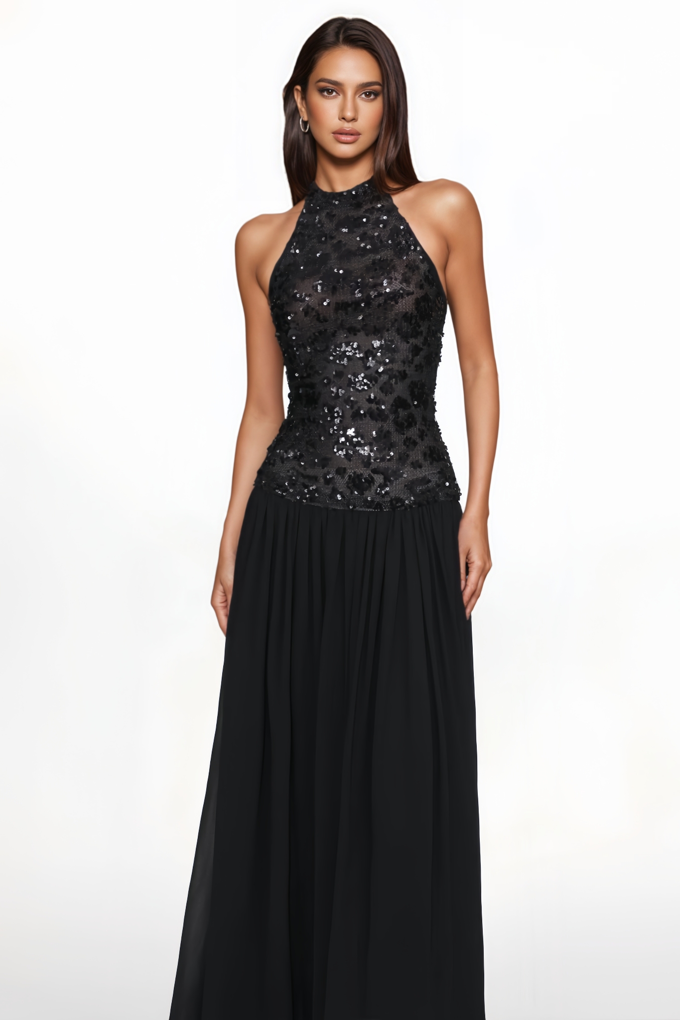 Larylt Halter Ruched Mesh Sequin Maxi Dress