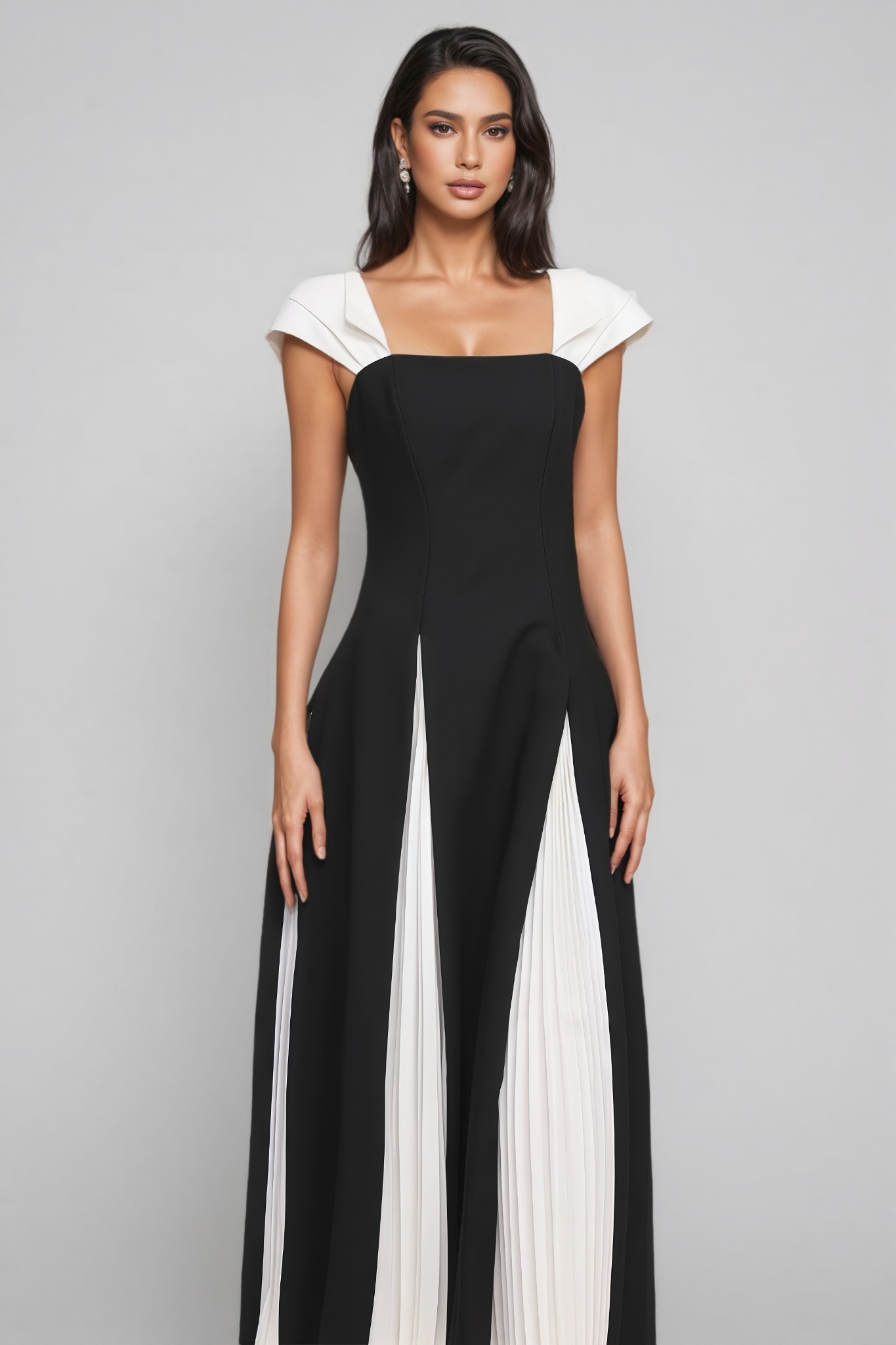 Pyrist Black Short Sleeve Pleated Midi Dress