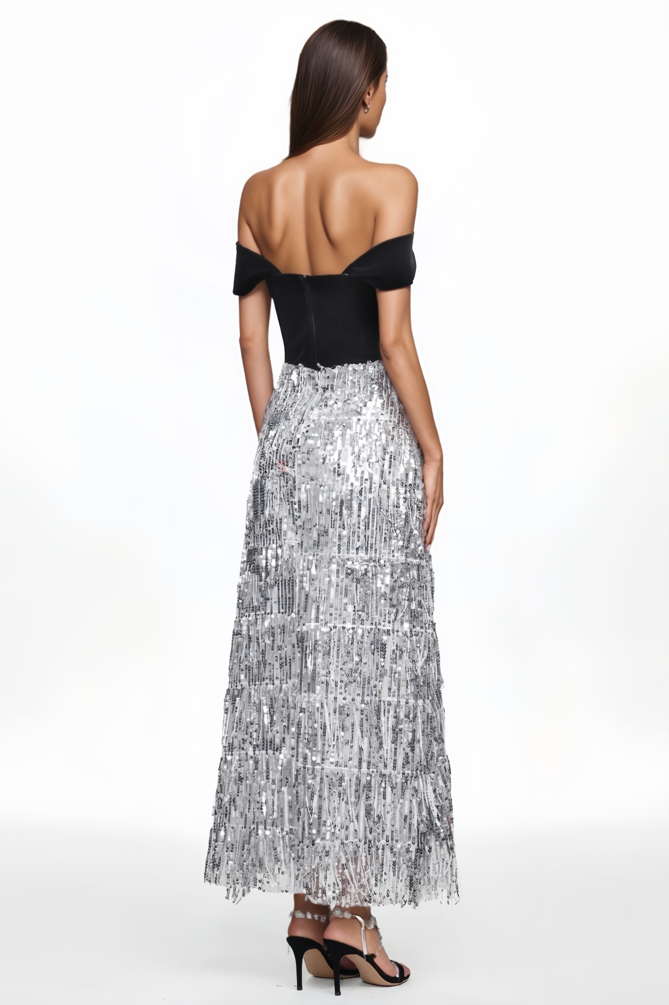 Ciare Off Shoulder Fringe Sequined Maxi Dress