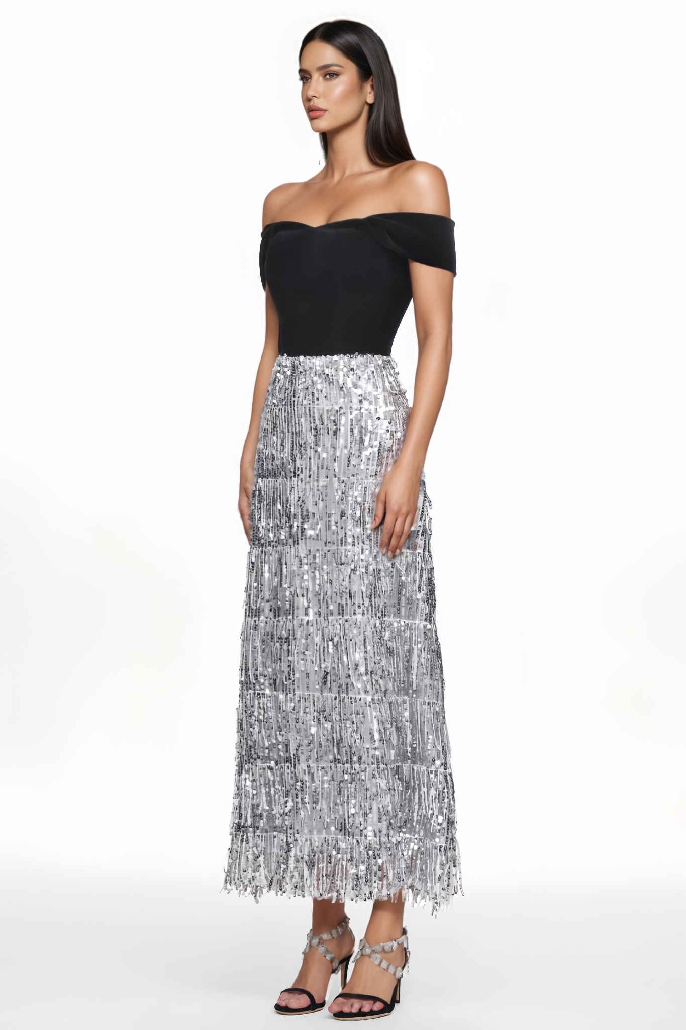 Ciare Off Shoulder Fringe Sequined Maxi Dress