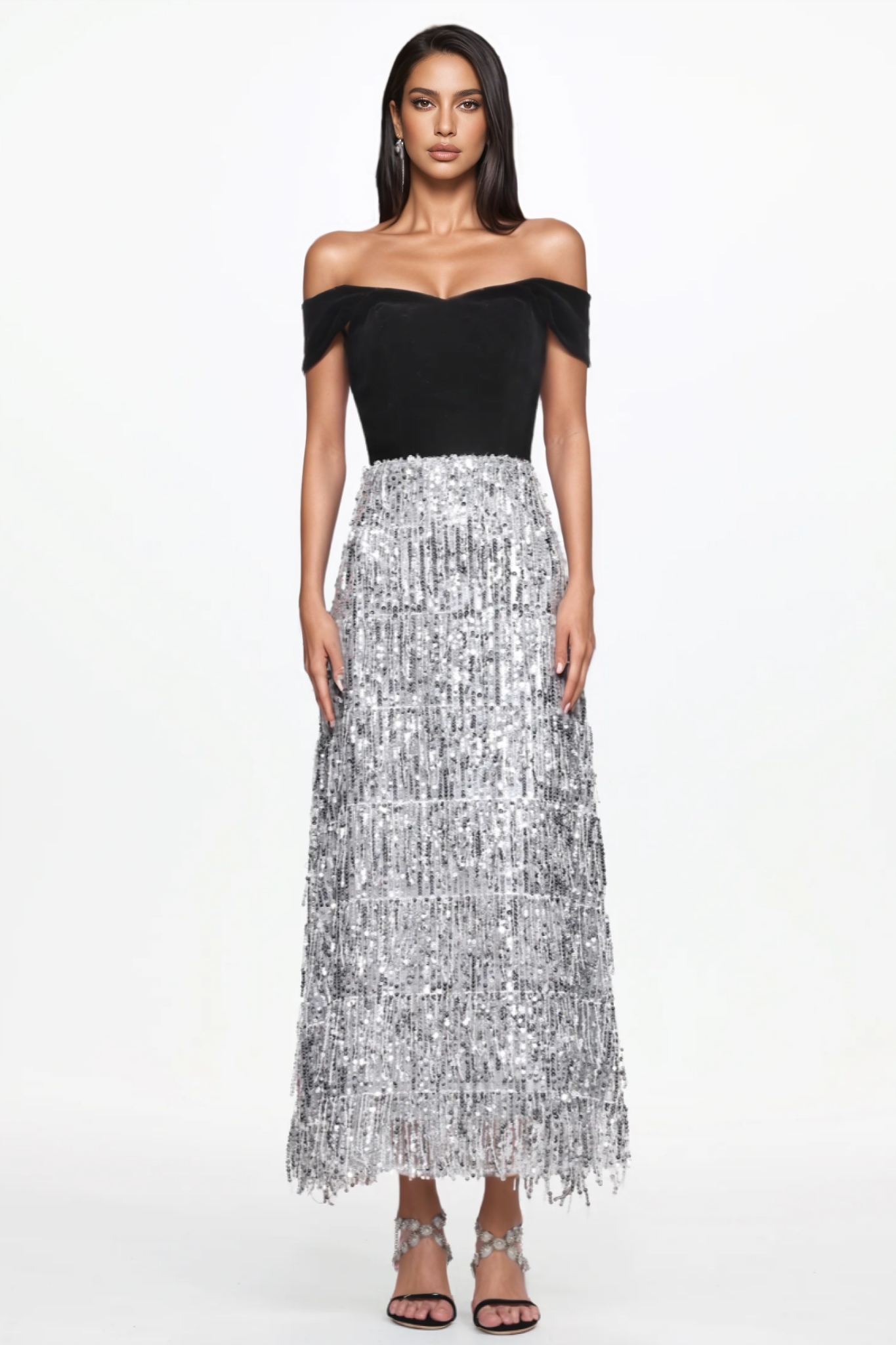 Ciare Off Shoulder Fringe Sequined Maxi Dress