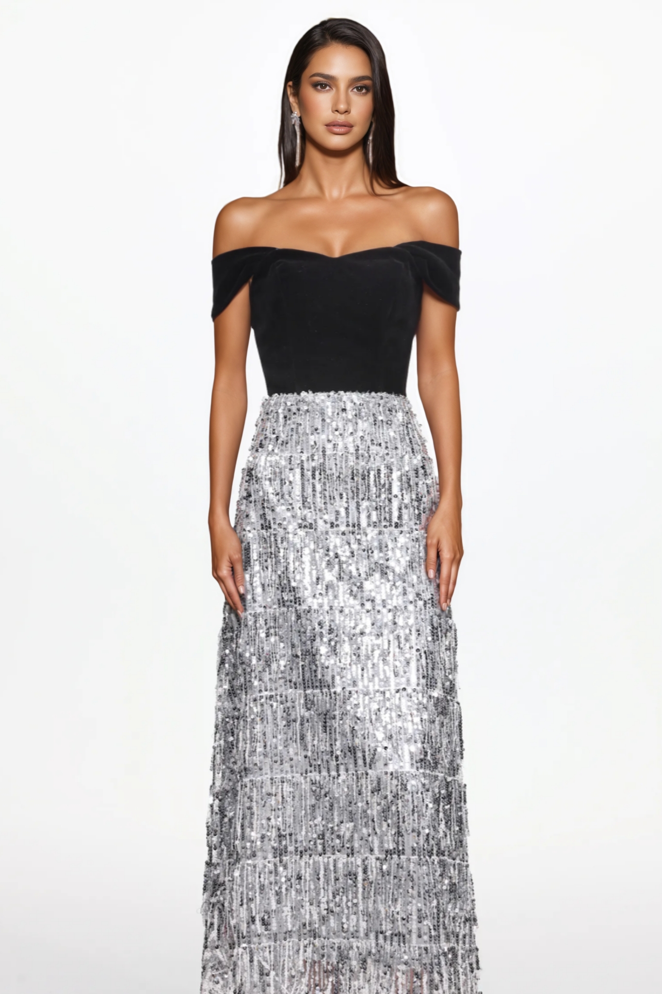 Ciare Off Shoulder Fringe Sequined Maxi Dress