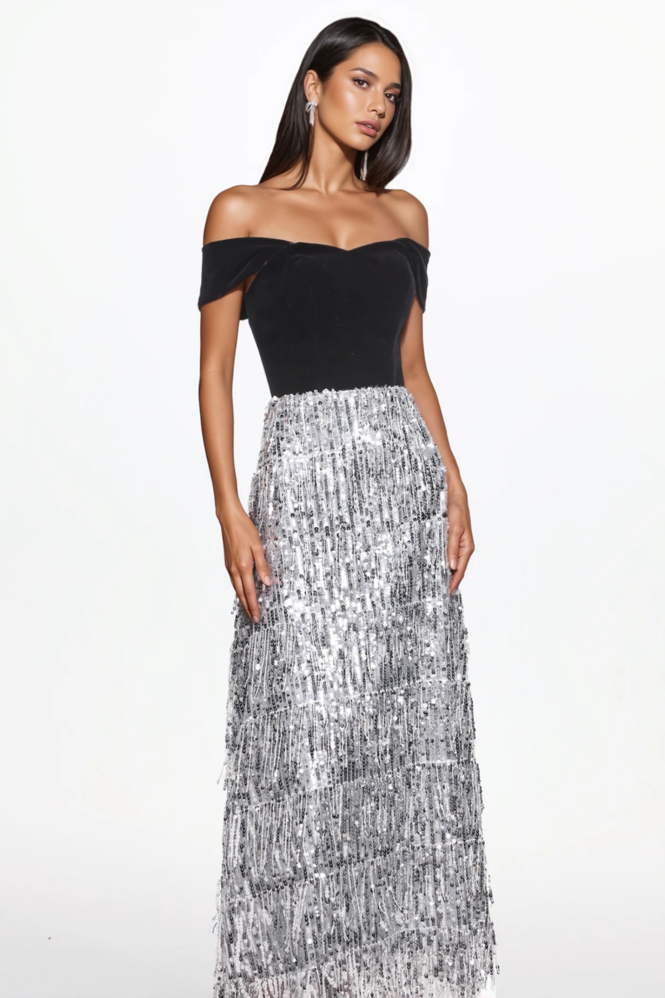 Ciare Off Shoulder Fringe Sequined Maxi Dress