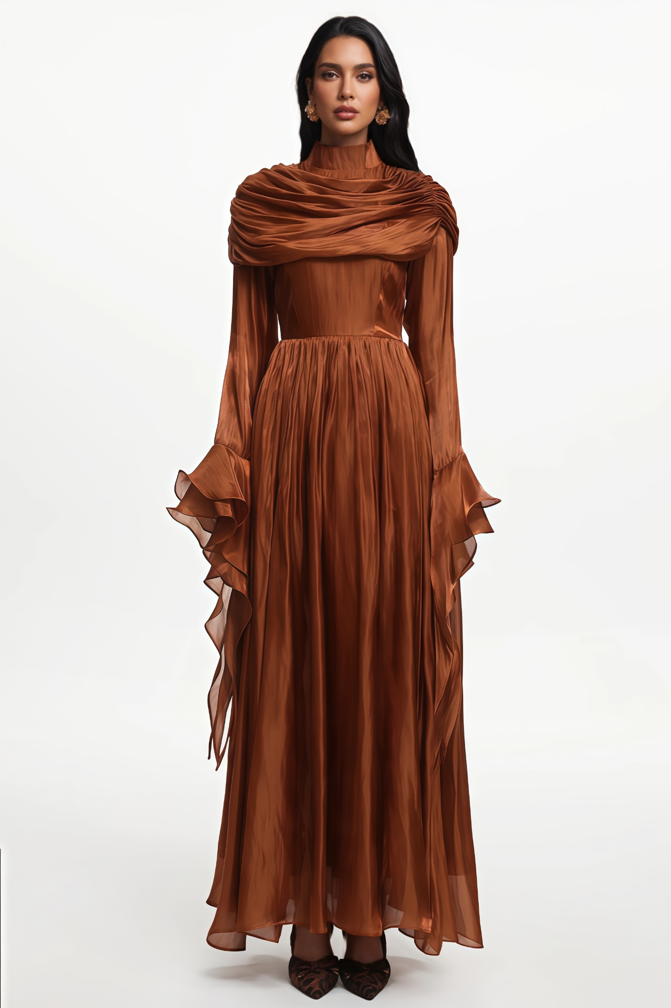 Ryned Long Sleeve Ruffle Ruched Brown Maxi Dress