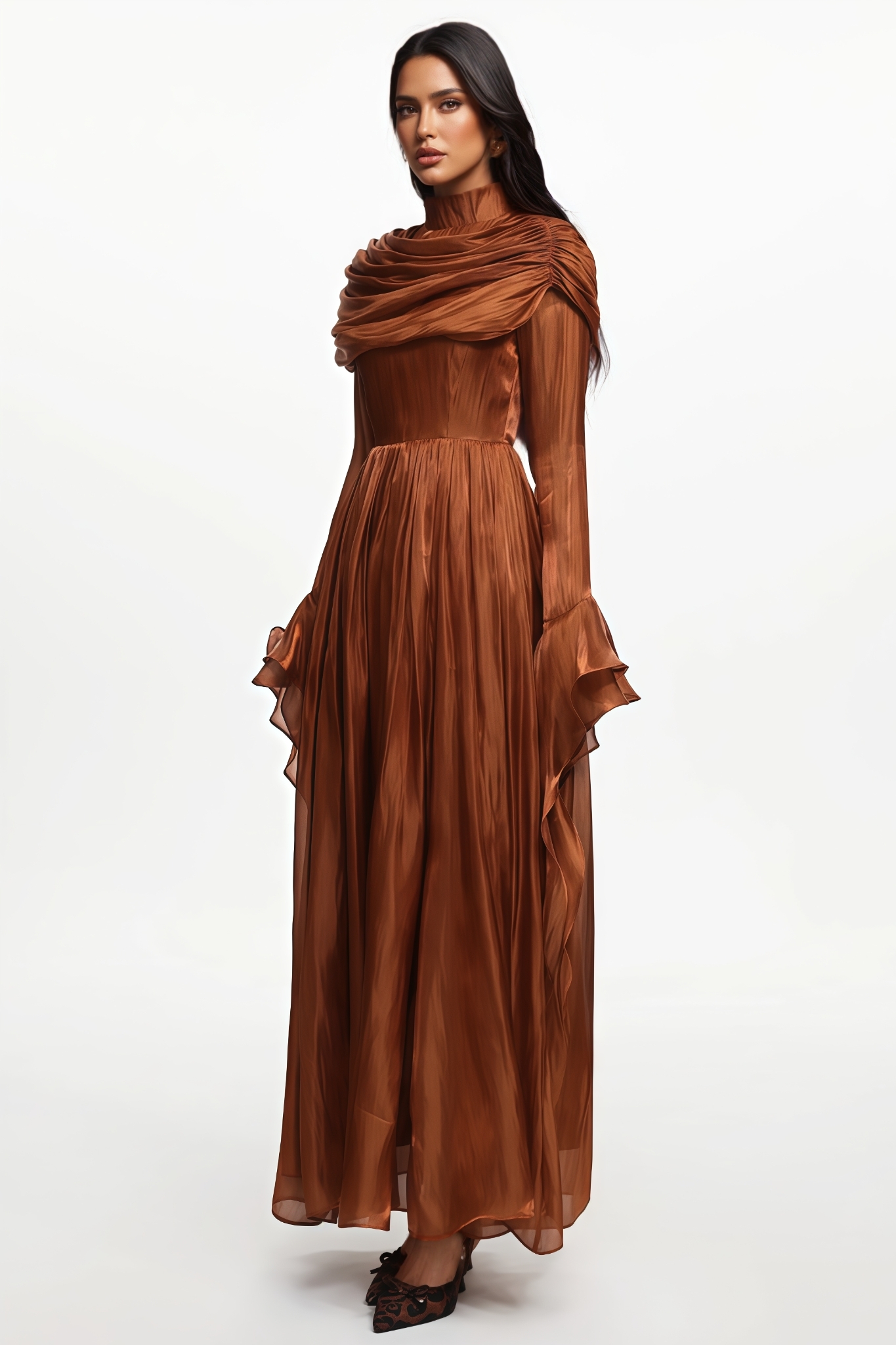 Ryned Long Sleeve Ruffle Ruched Brown Maxi Dress