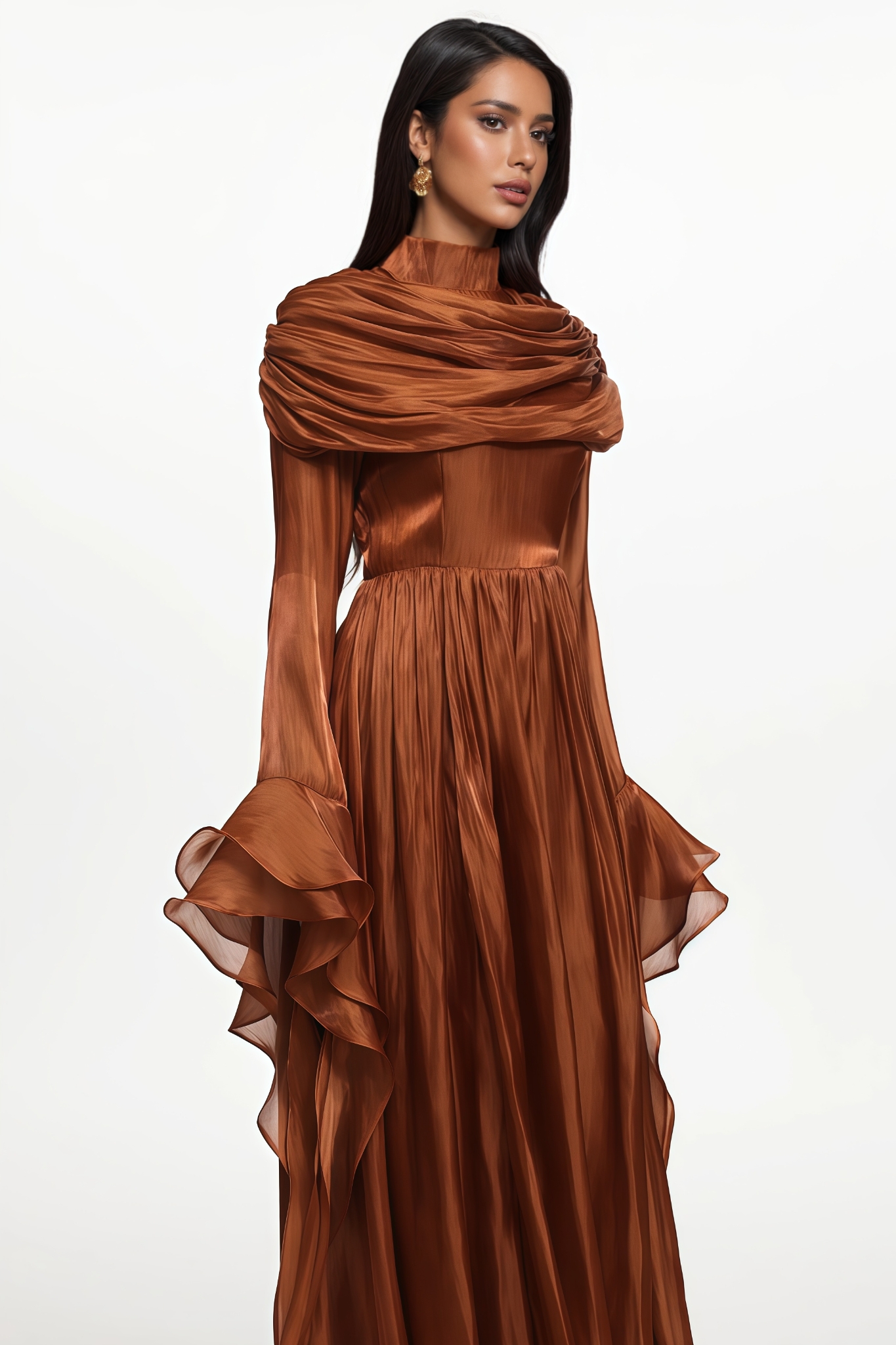 Ryned Long Sleeve Ruffle Ruched Brown Maxi Dress