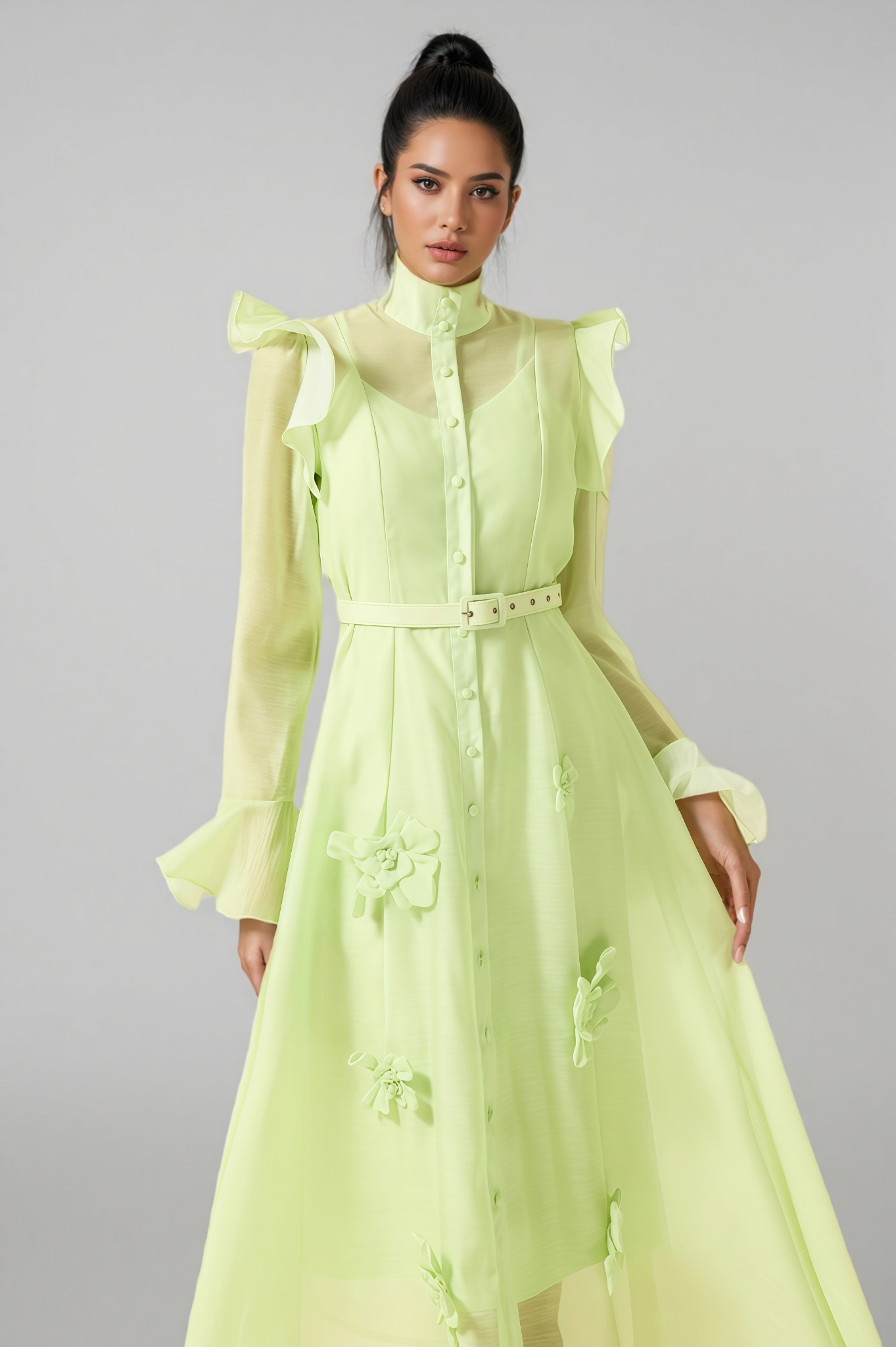 Vareka Green 3D Floral Frill Midi Dress
