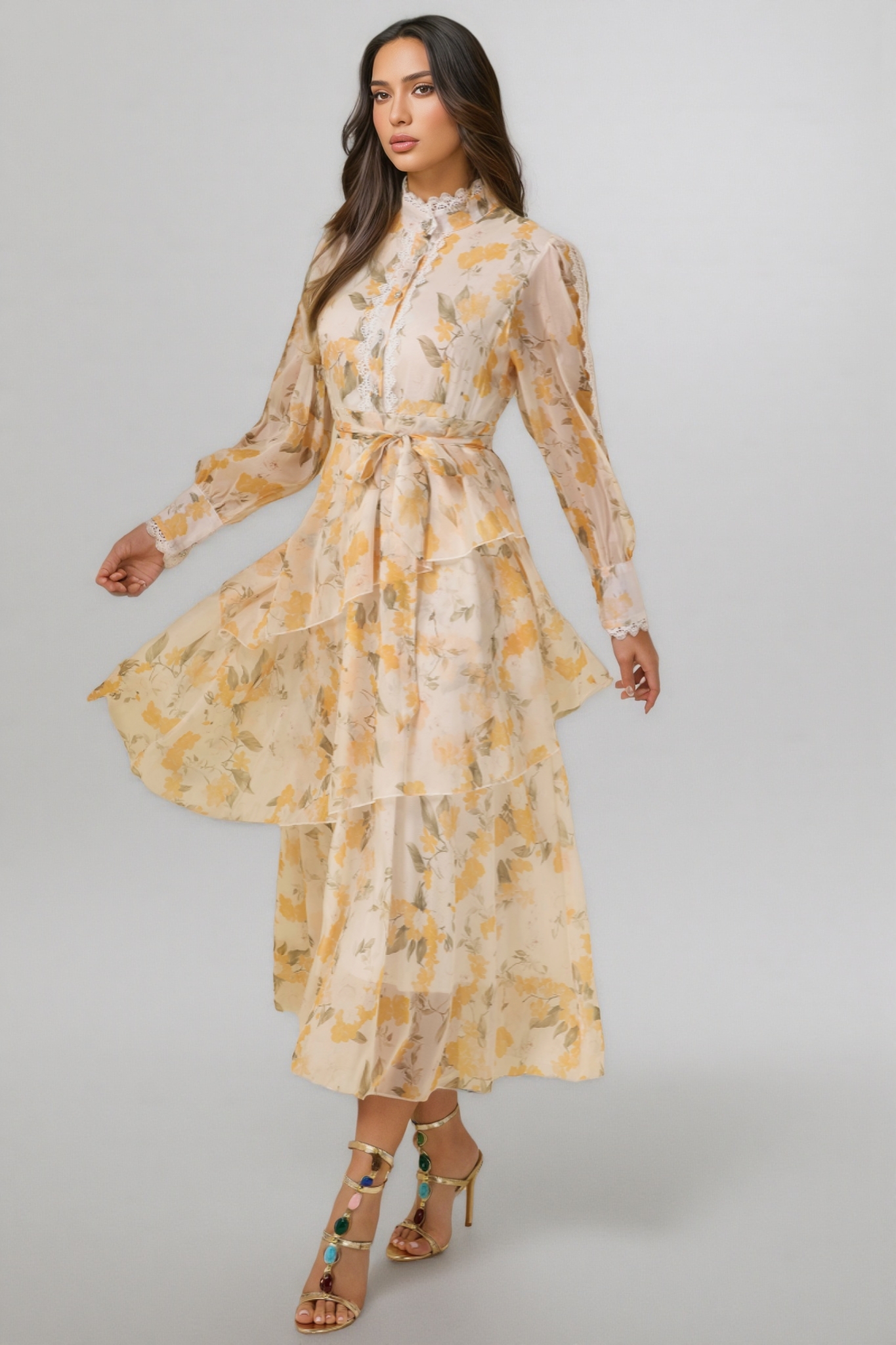 Leonasd Lace Splicing Chiffon Ruffle Midi Dress