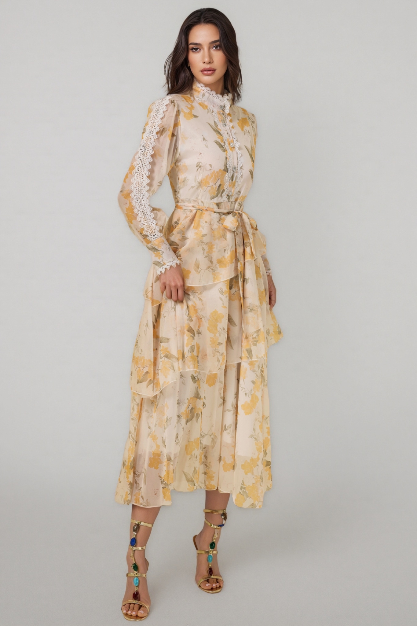 Leonasd Lace Splicing Chiffon Ruffle Midi Dress