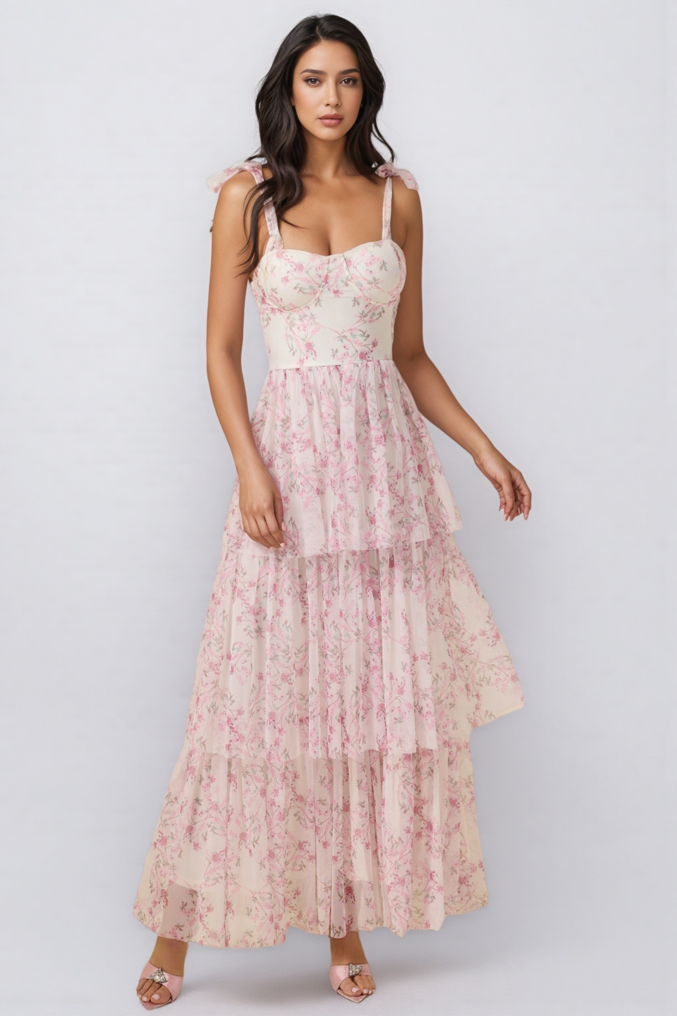 Lindand Floral Lace Up Ruffle Maxi Dress