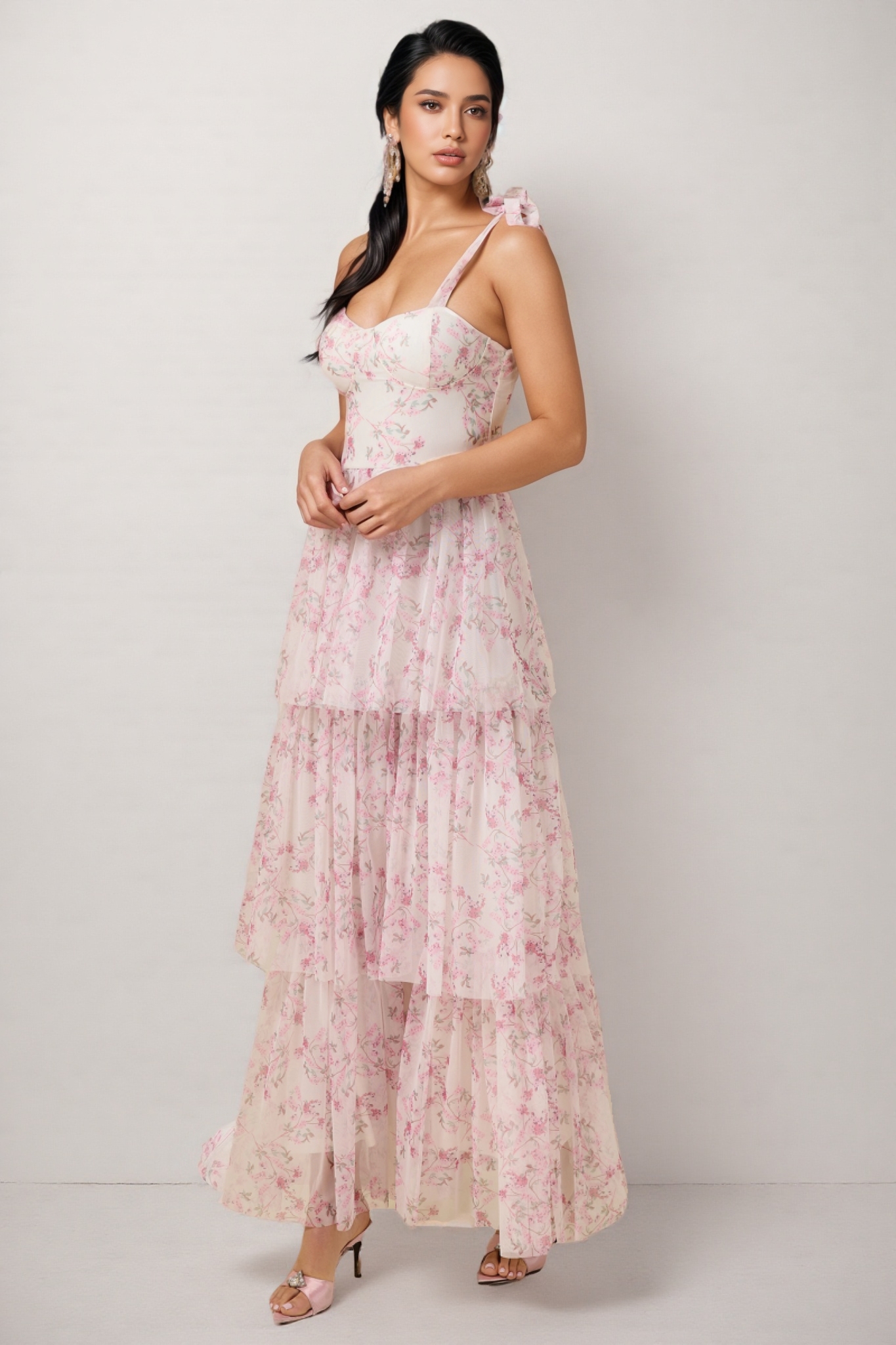 Lindand Floral Lace Up Ruffle Maxi Dress