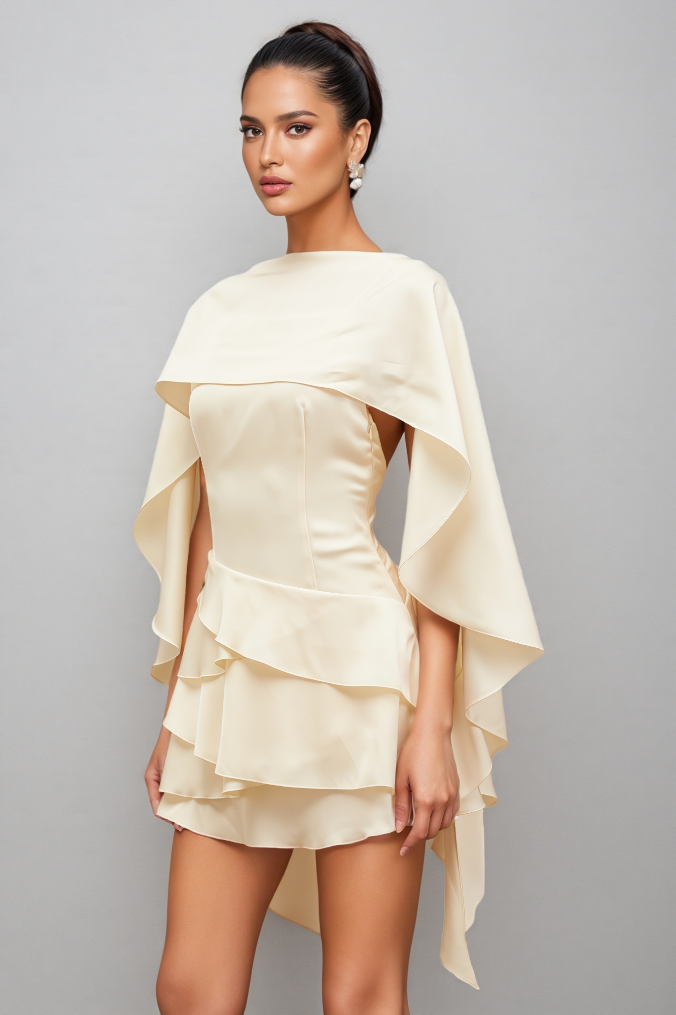 Lyssty White Shawl Panel Ruffled Satin Mini Dress