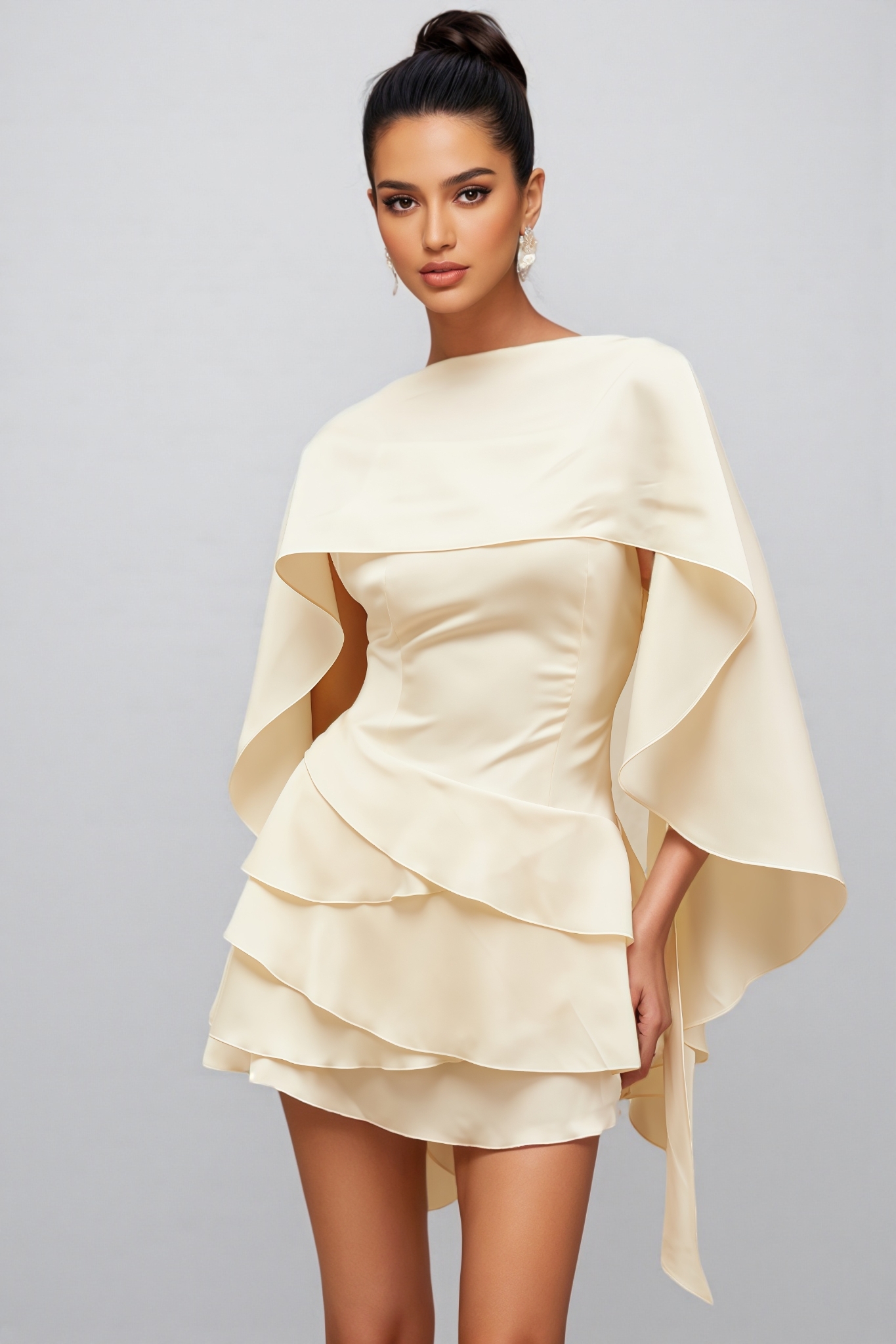 Lyssty White Shawl Panel Ruffled Satin Mini Dress