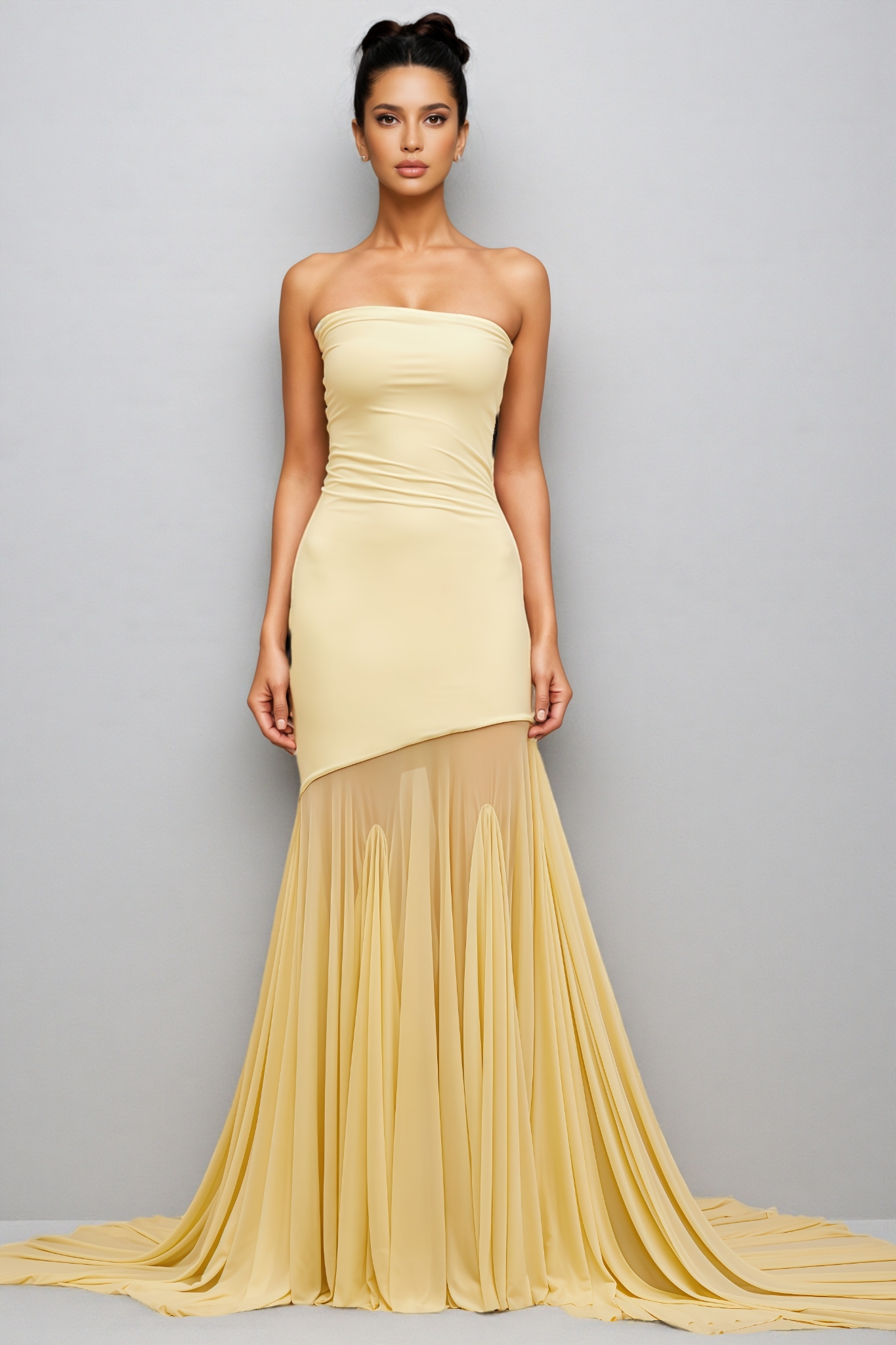 Elwyt Yellow Off Shoulder Sheer Tulle Maxi Dress