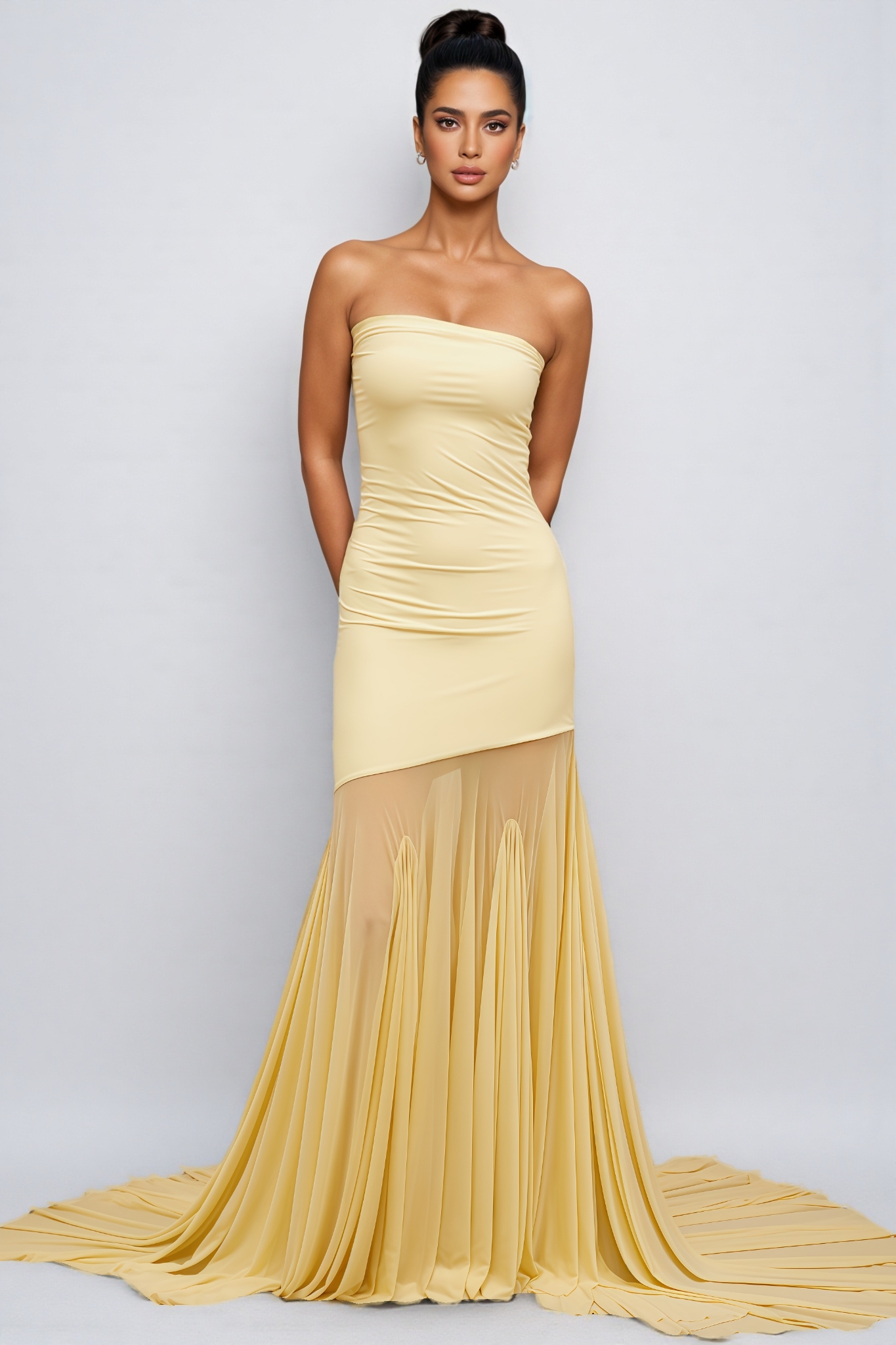 Elwyt Yellow Off Shoulder Sheer Tulle Maxi Dress