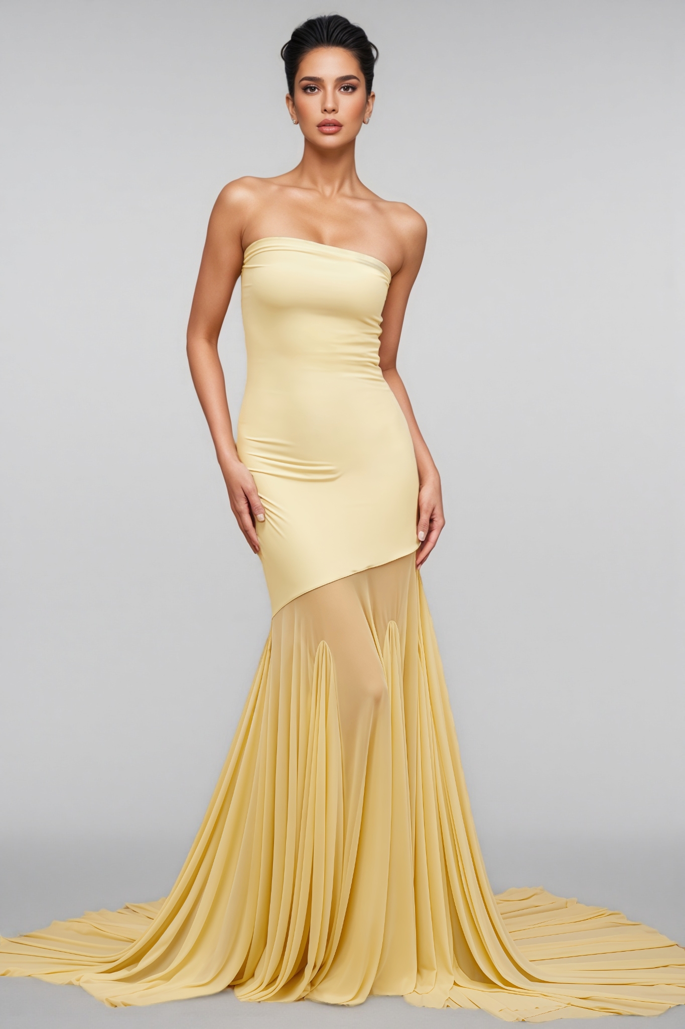 Elwyt Yellow Off Shoulder Sheer Tulle Maxi Dress